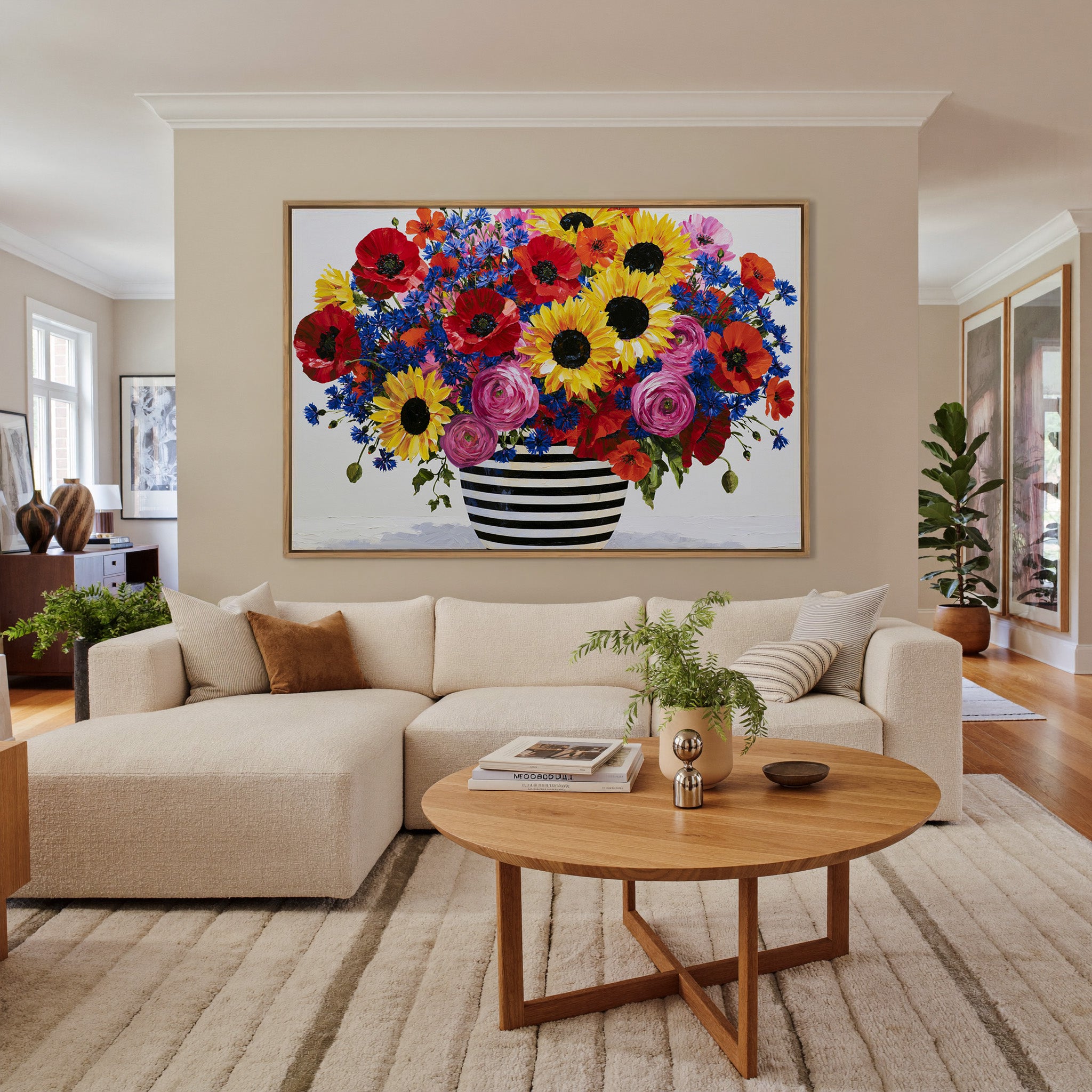 colorful bouquet with striped vase canvas wall art in an oak frame in a living room