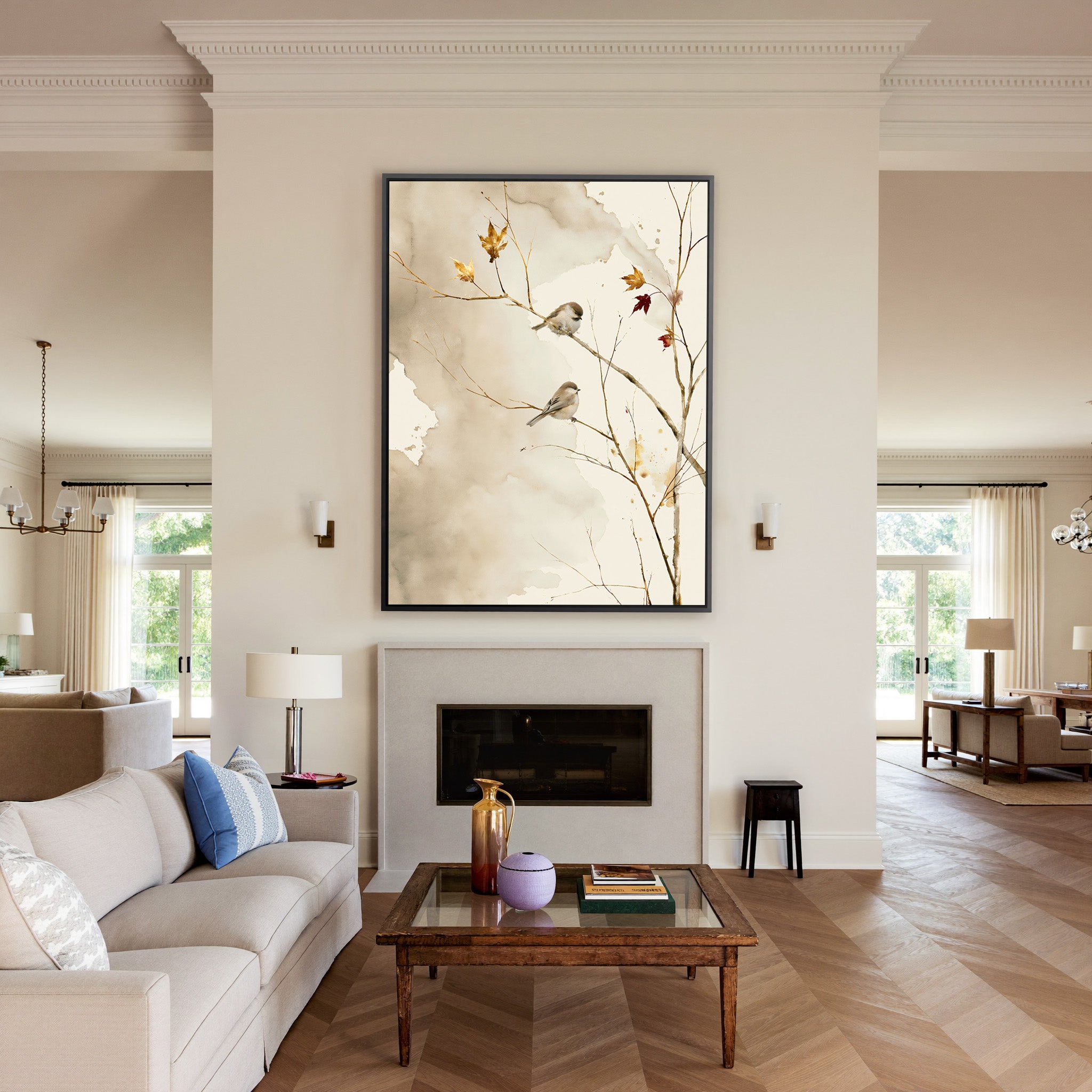 pair of small songbirds on bare autumn branches canvas wall art in a black frame above a mantel