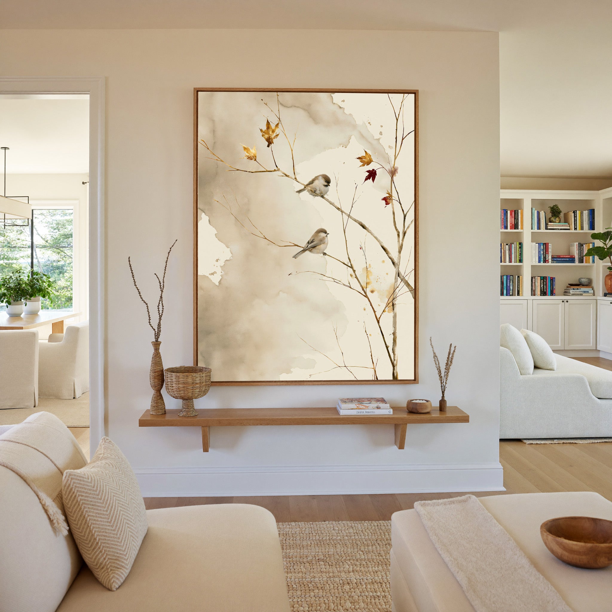 pair of small songbirds on bare autumn branches canvas wall art in an oak frame in a living room