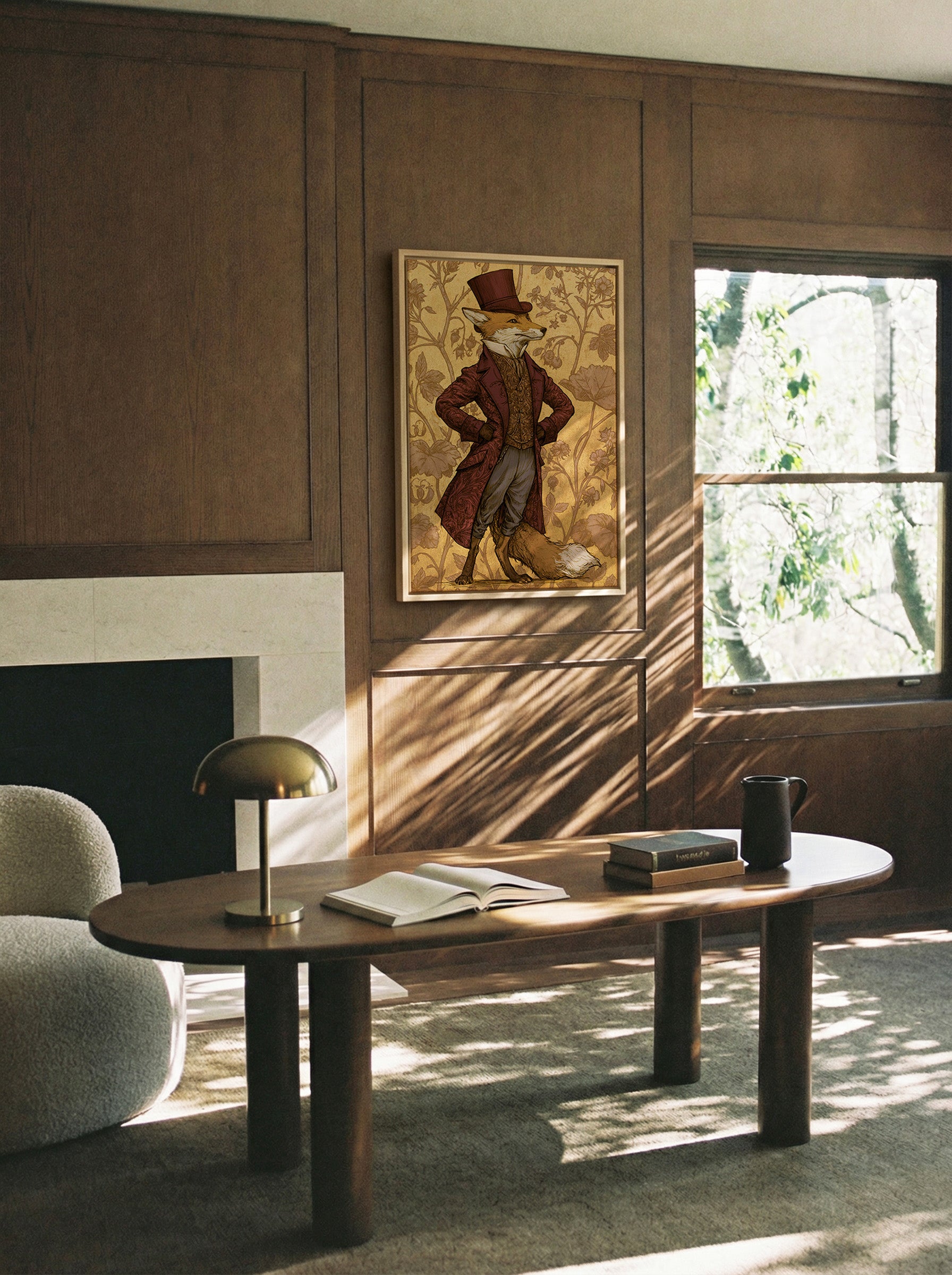 dapper fox in burgundy victorian dress canvas wall art in a natural wood frame in a styled room setting