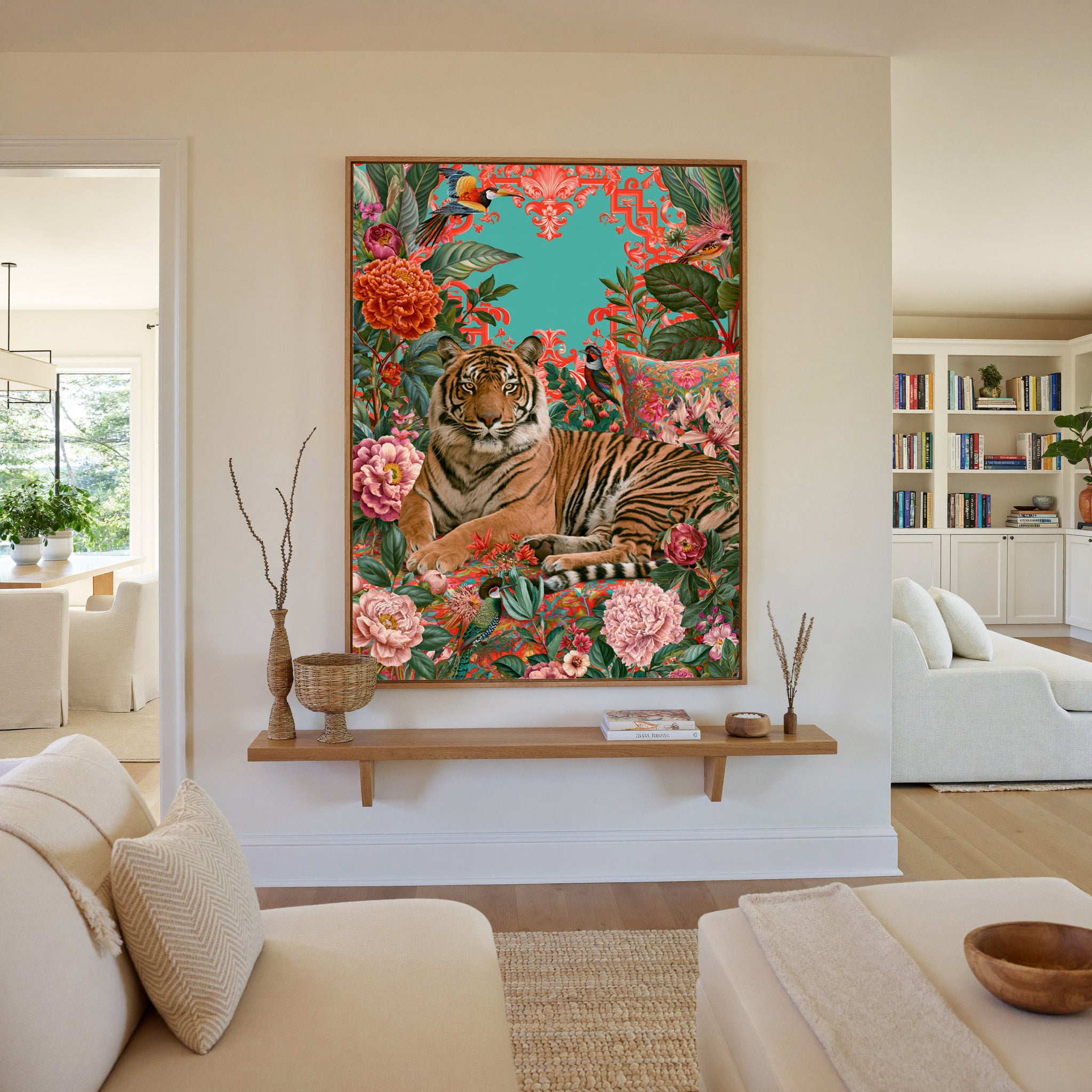 tiger among coral florals and teal foliage canvas wall art in an oak frame in a living room