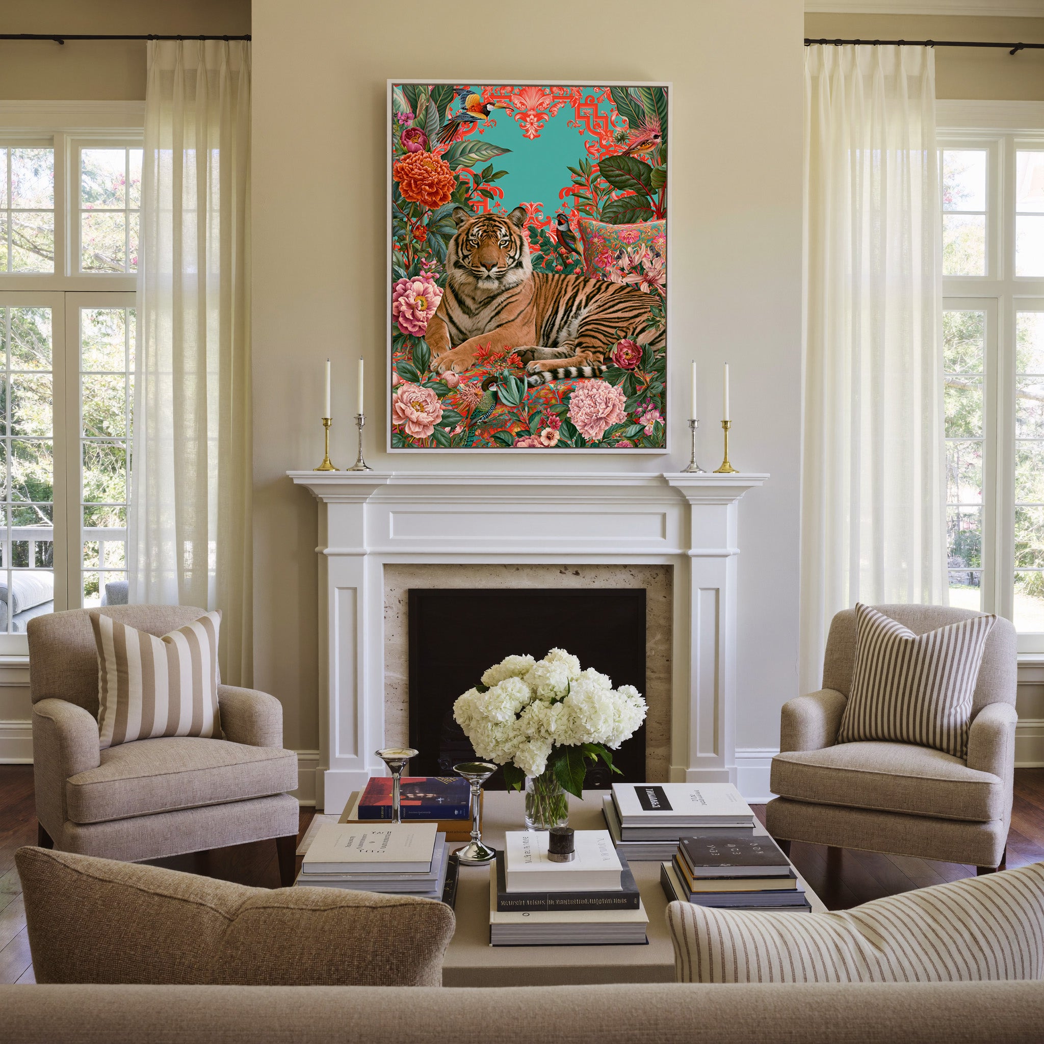 tiger among coral florals and teal foliage canvas wall art in a white frame above a mantel