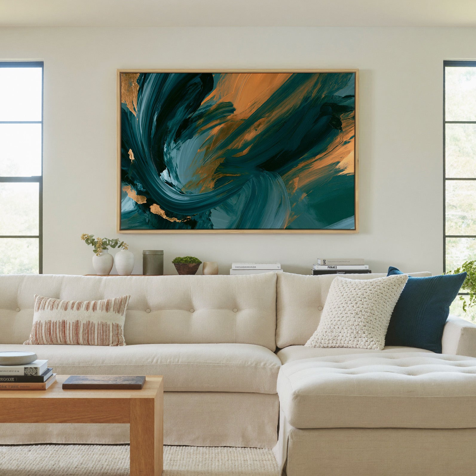 teal and copper abstract with sweeping arcs canvas wall art in a natural wood frame in a living room