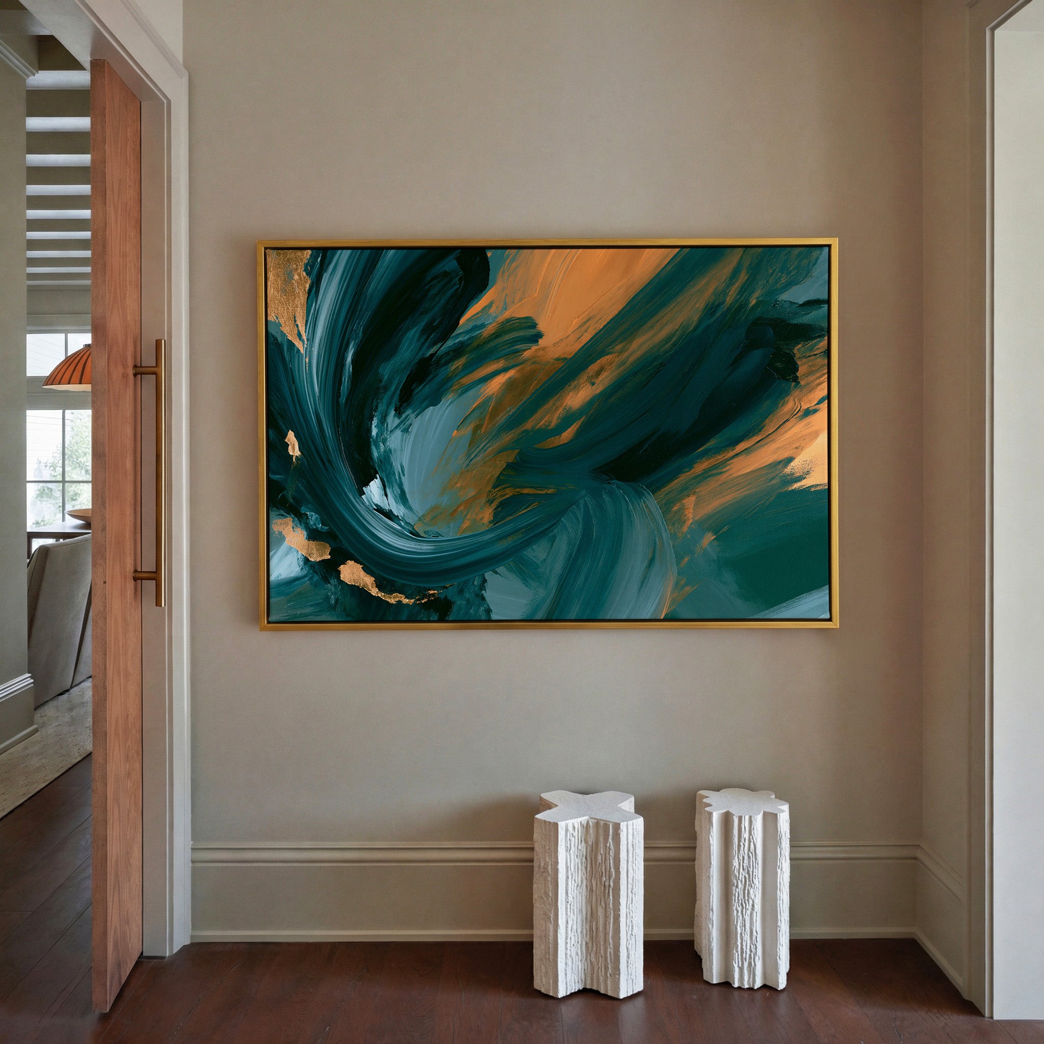 teal and copper abstract with sweeping arcs canvas wall art in a gold frame in a styled room setting