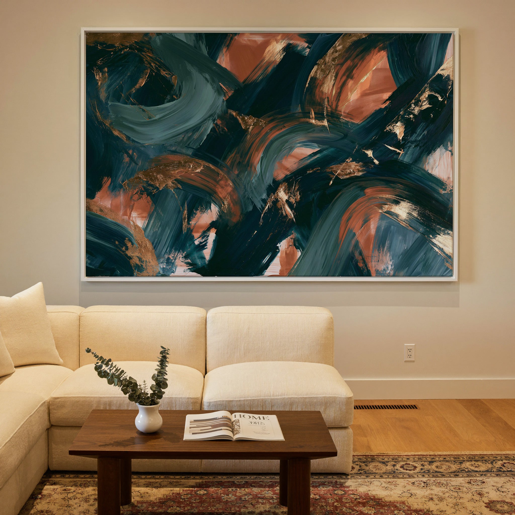 teal and copper abstract with sweeping arcs canvas wall art in a white frame in a styled room setting