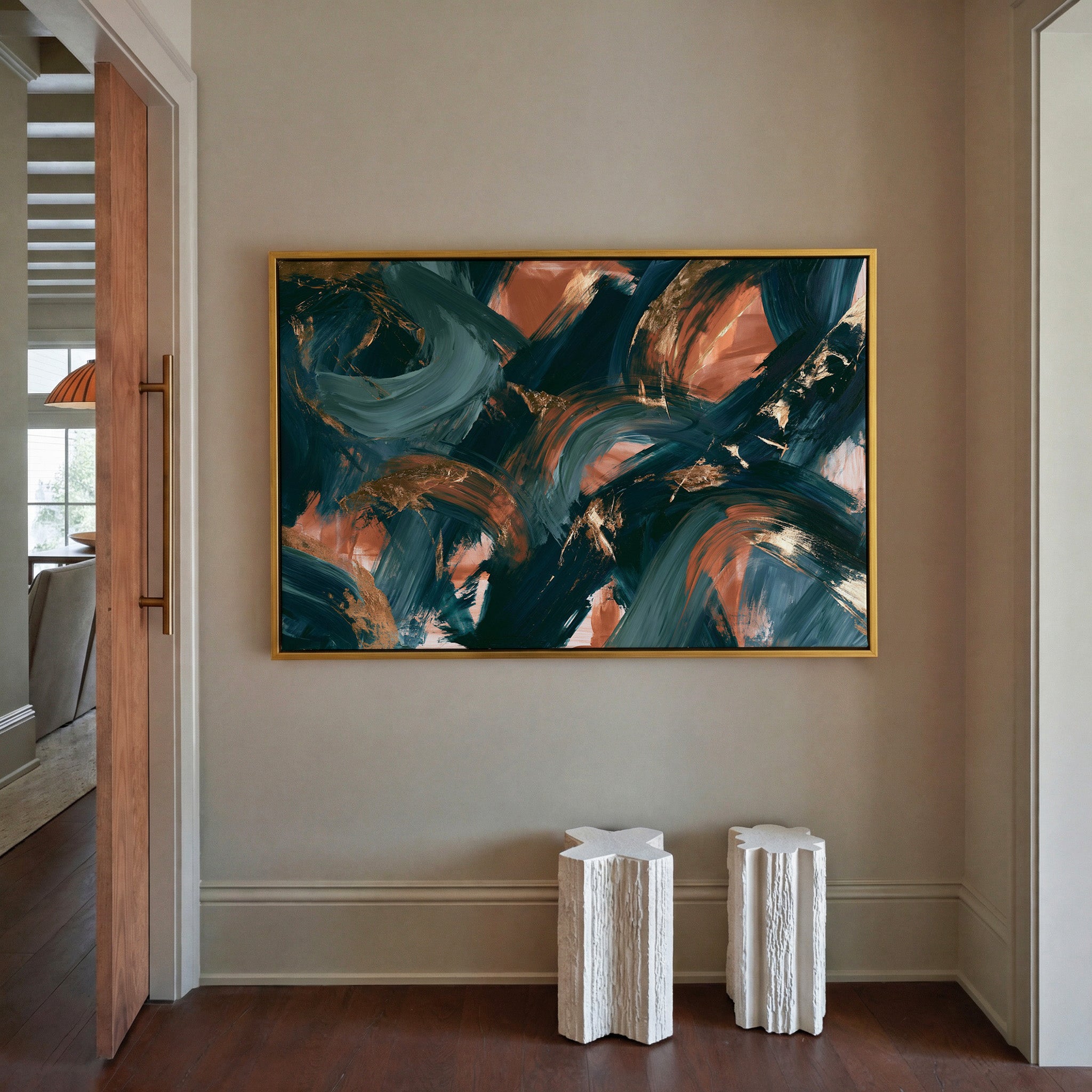 teal and copper abstract with sweeping arcs canvas wall art in a gold frame in a styled room setting