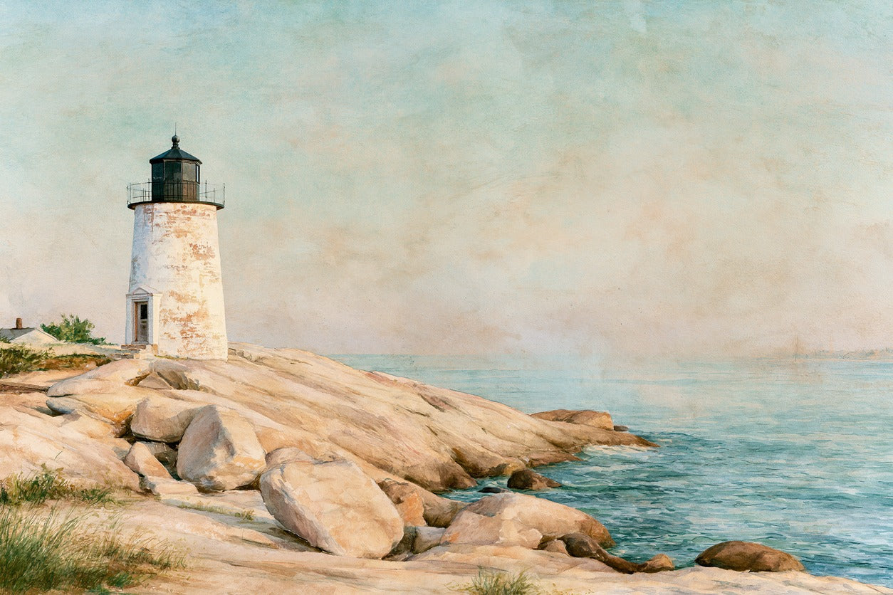 Weathered white lighthouse on pale rock, with blue-green water and a soft sky behind it