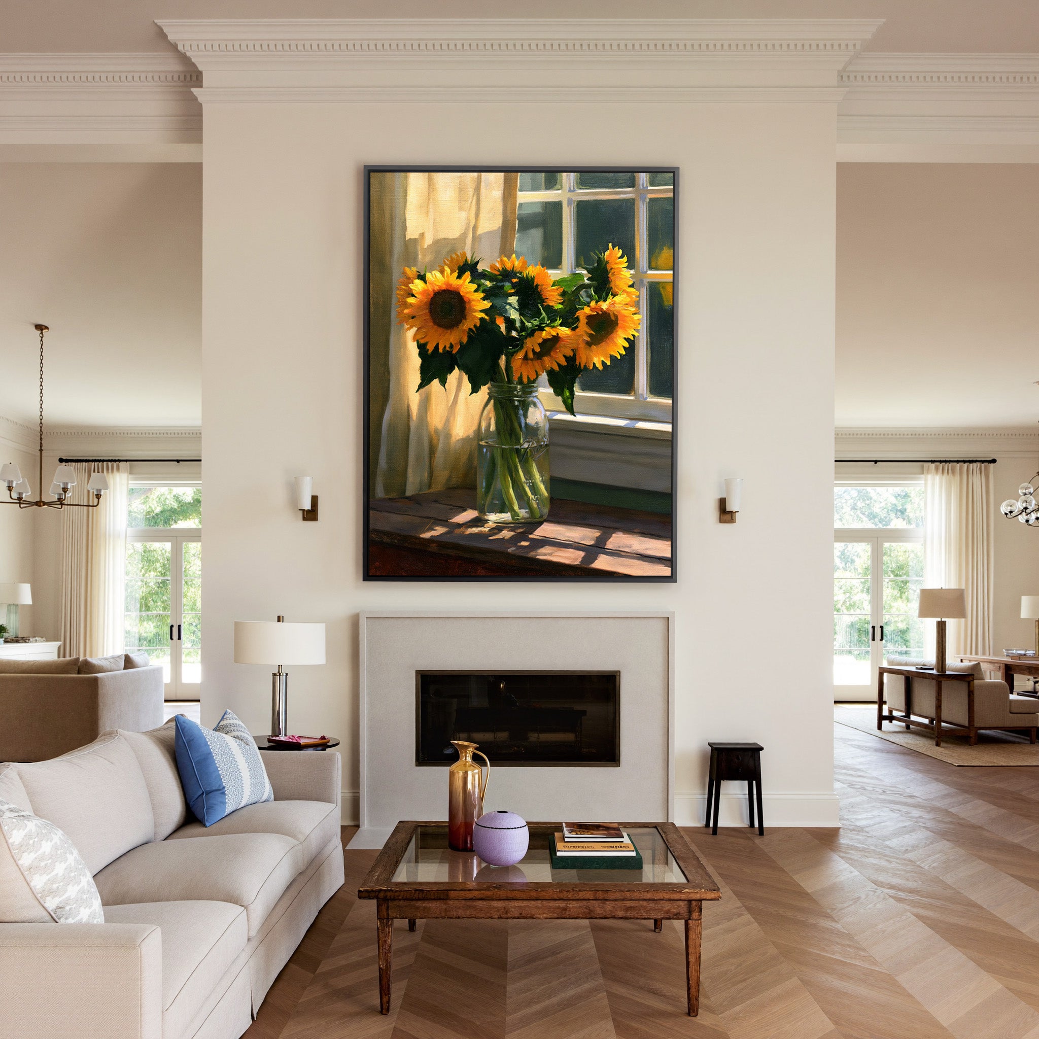 sunflowers in a glass jar by a sunlit window canvas wall art in a black frame above a mantel