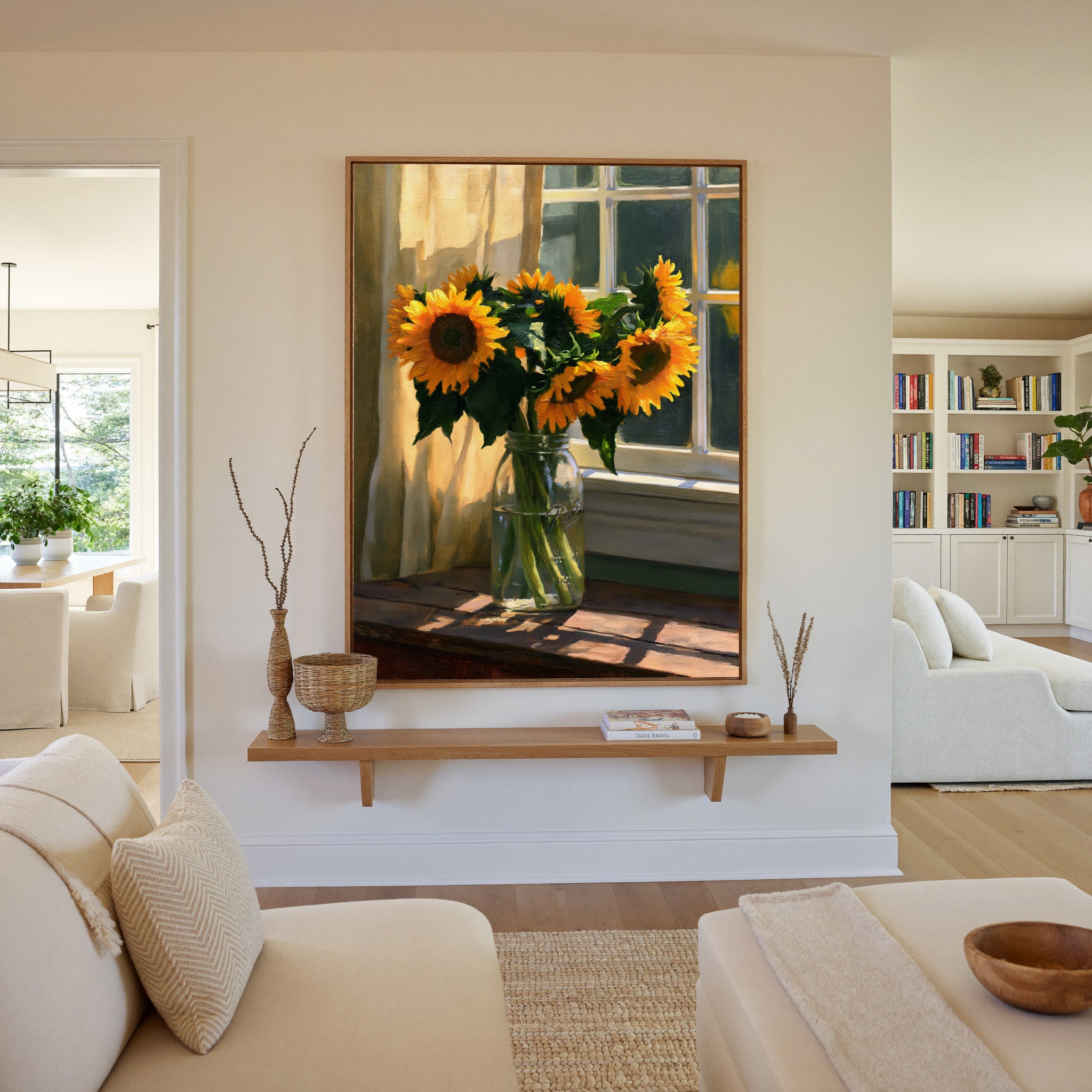 sunflowers in a glass jar by a sunlit window canvas wall art in an oak frame in a living room