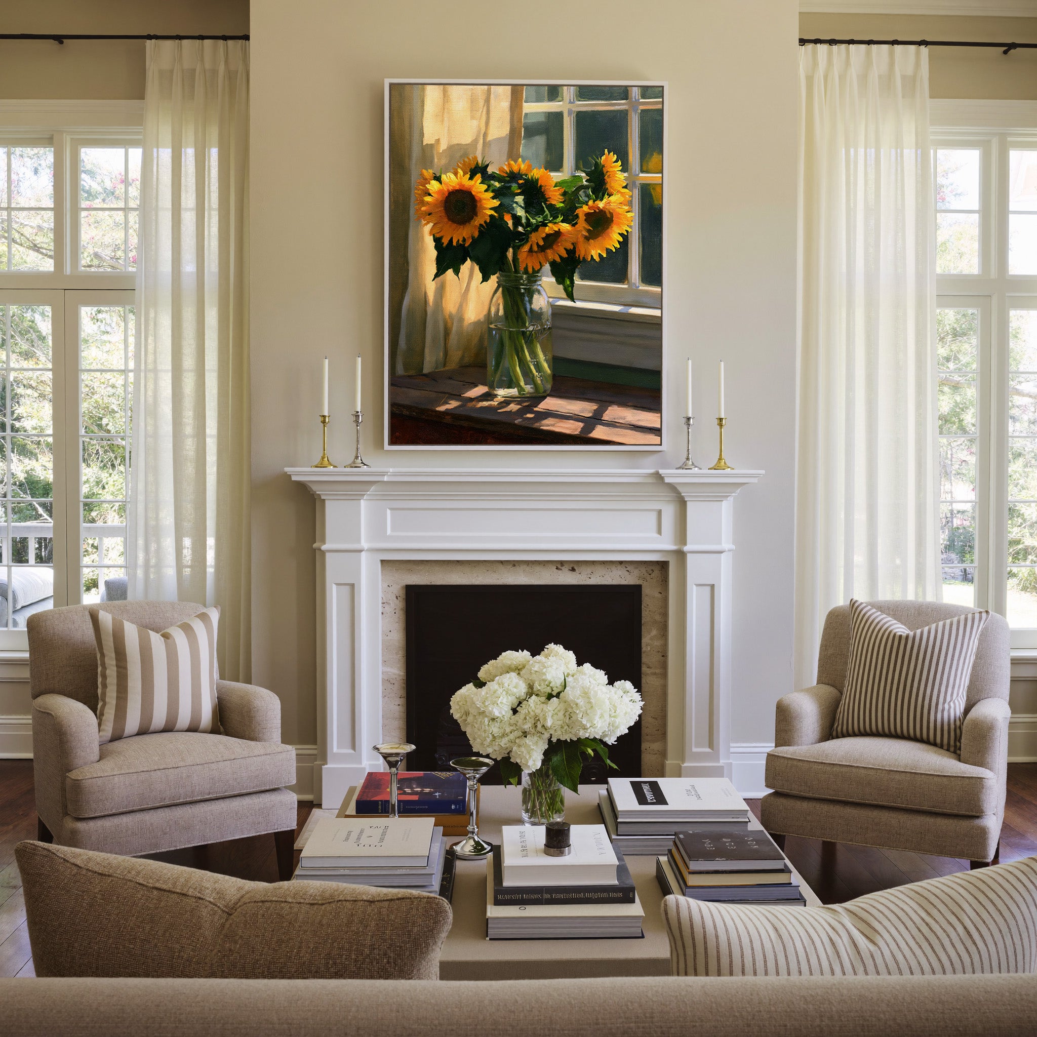 sunflowers in a glass jar by a sunlit window canvas wall art in a white frame above a mantel