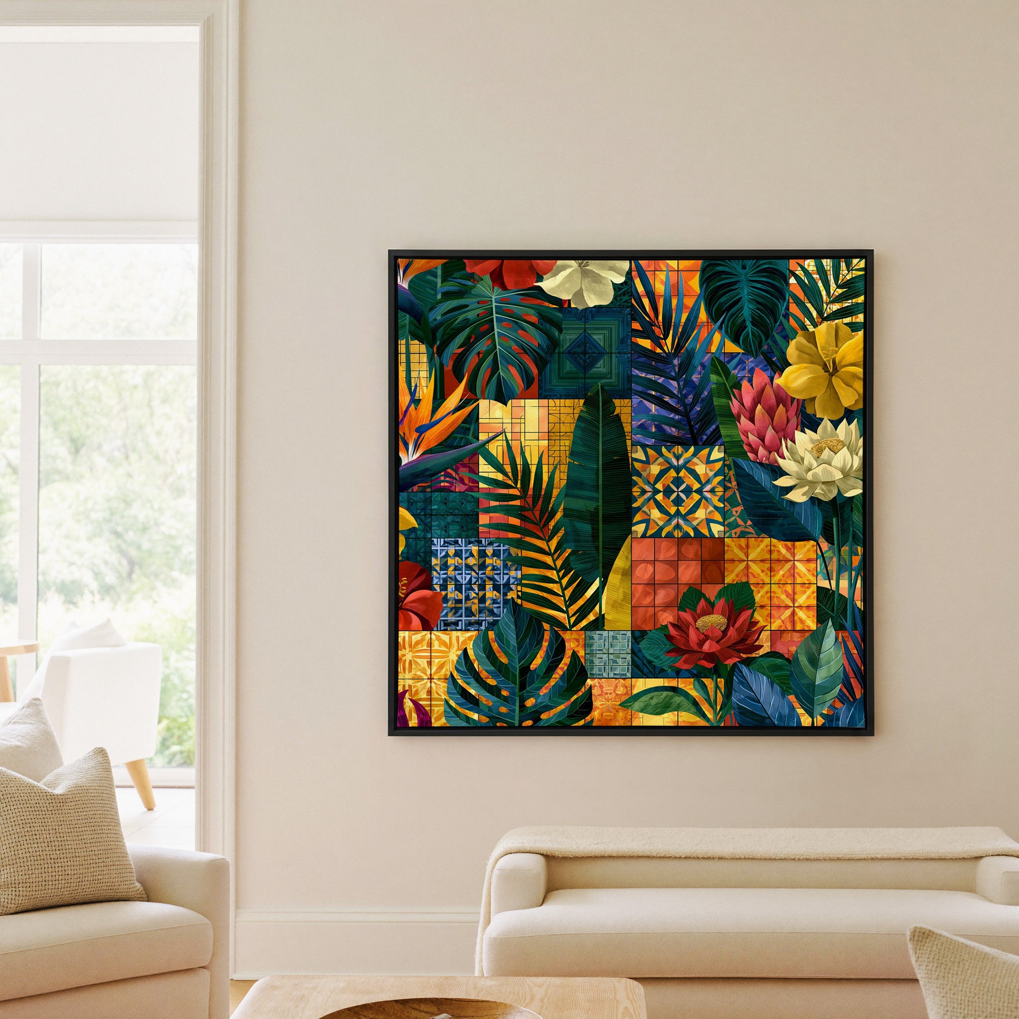 patterned tropical leaves and flowers with canvas wall art in a black frame in a living room