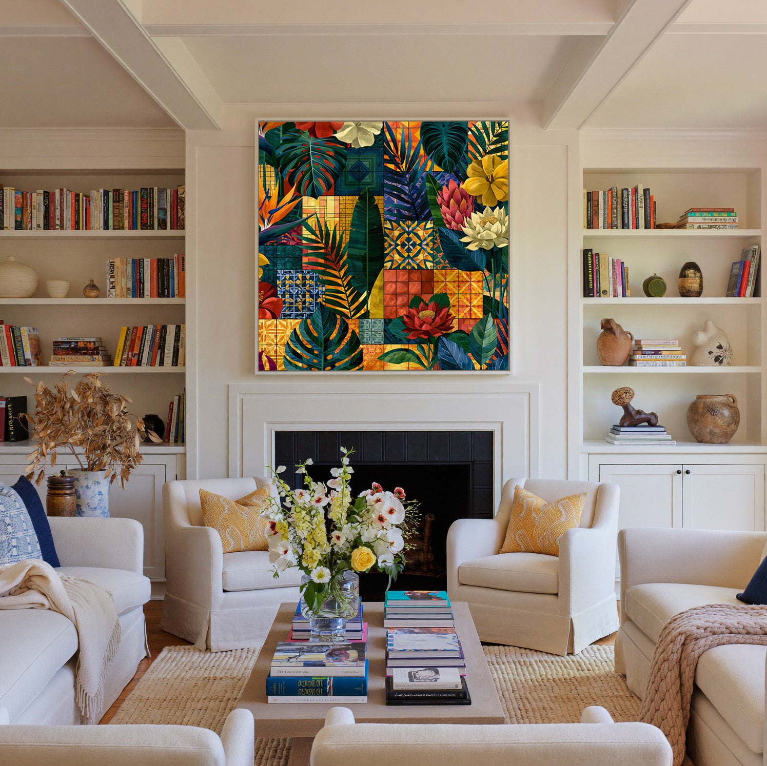 patterned tropical leaves and flowers with canvas wall art in a white frame above a fireplace