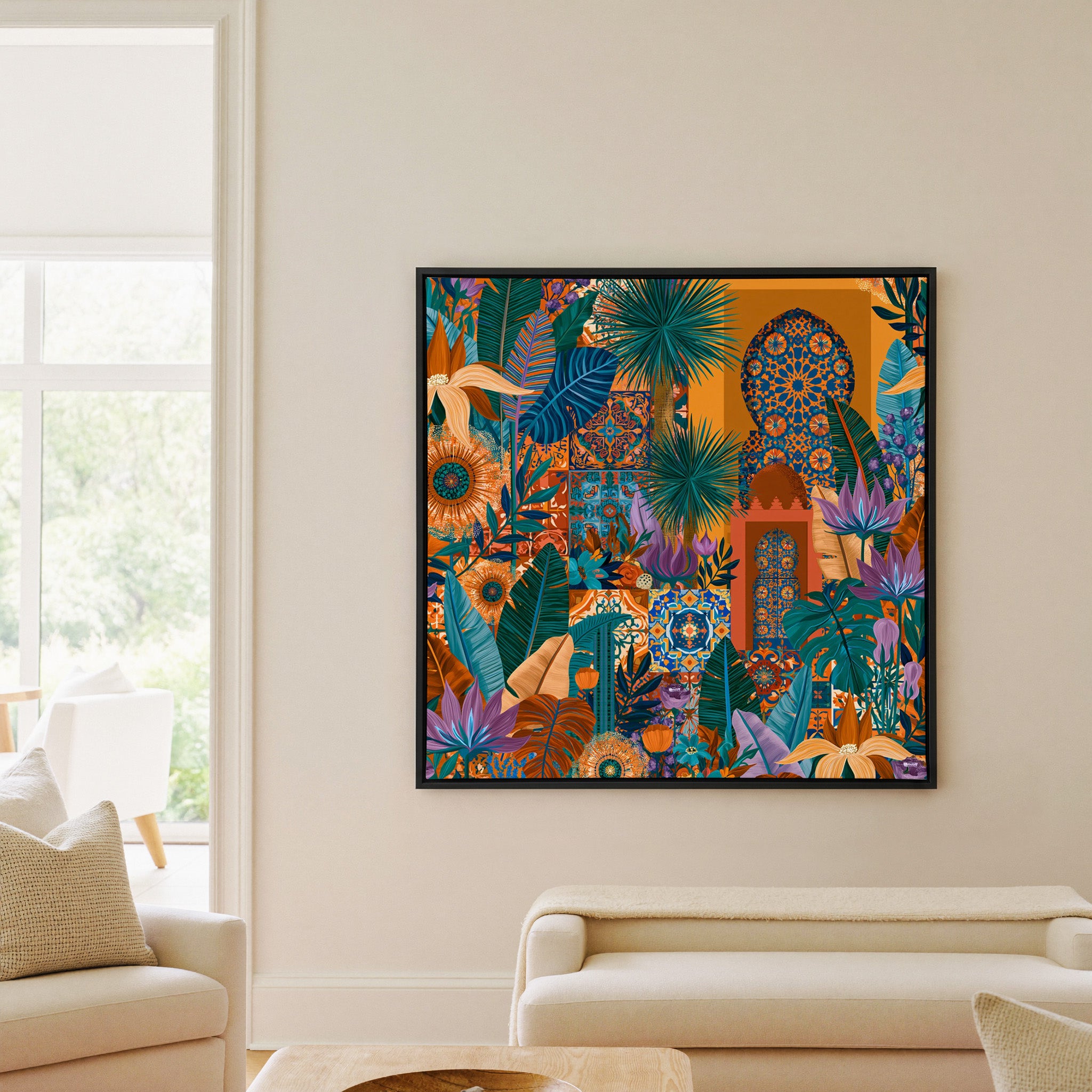 teal leaves with orange tile motifs canvas wall art in a black frame in a living room