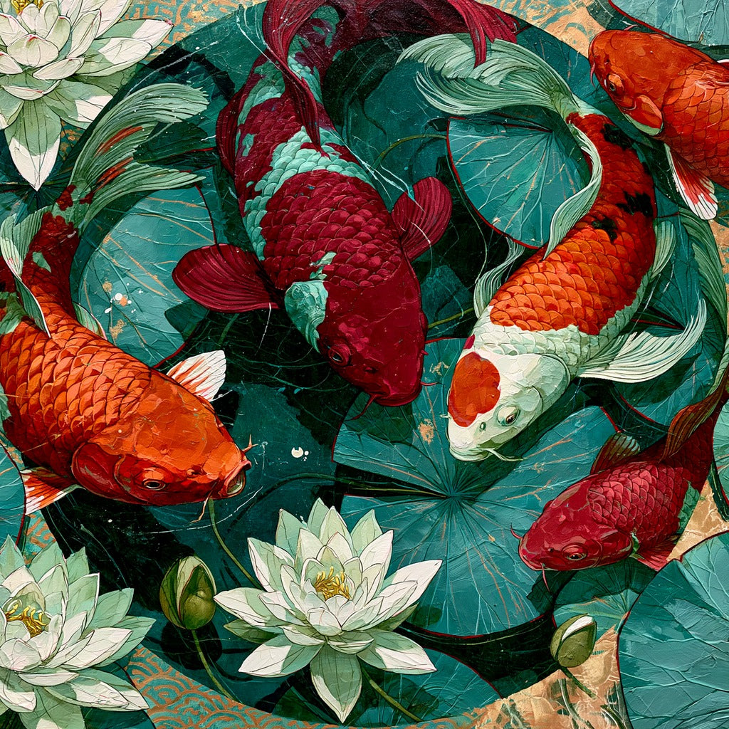 Orange, red, and white koi fish circling teal lily pads with white lotus blooms