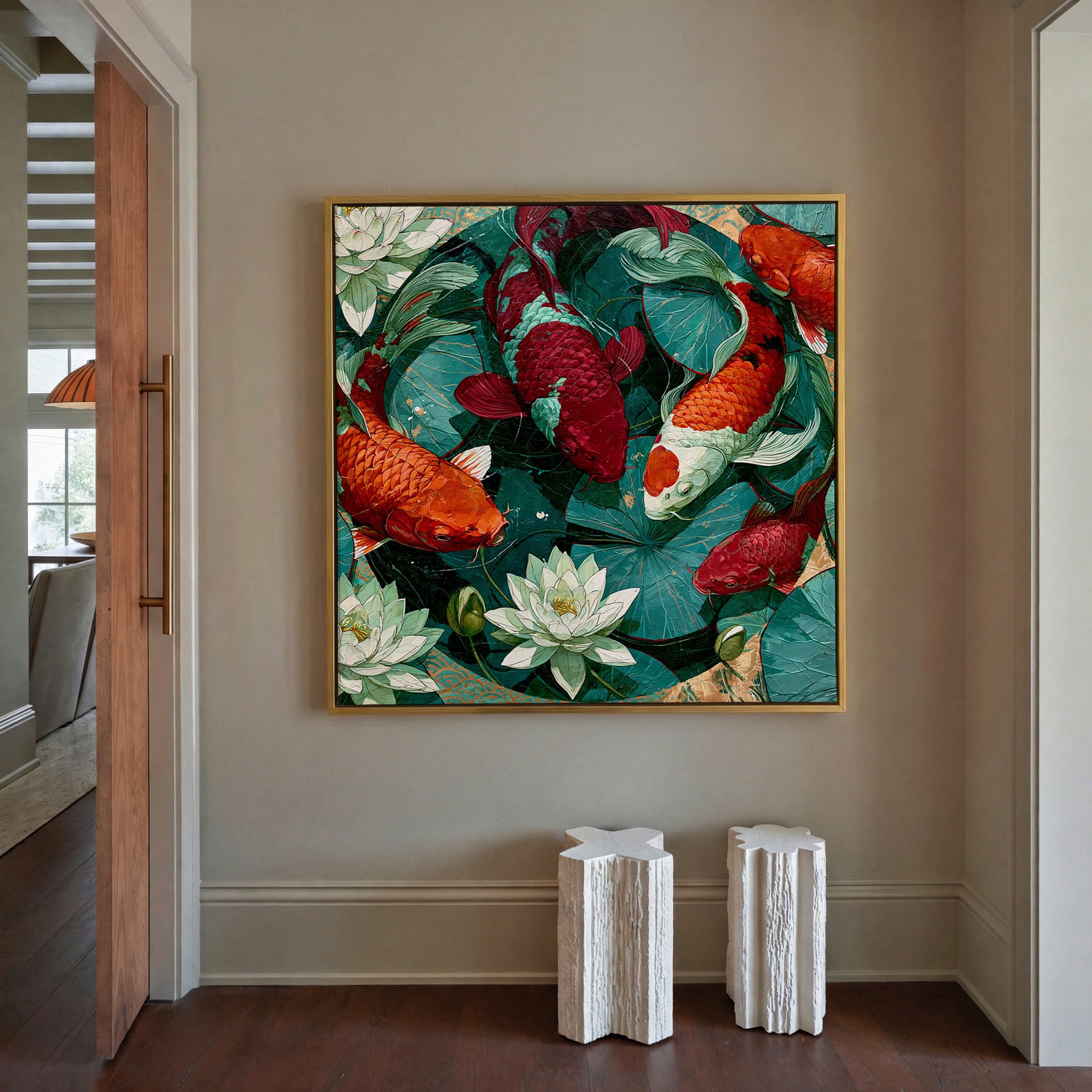 teal pond with koi and lotus flowers canvas wall art in a gold frame in a styled room setting
