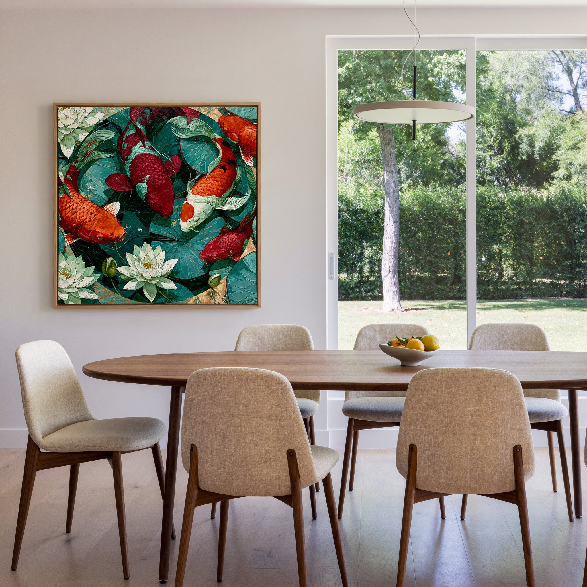 teal pond with koi and lotus flowers canvas wall art in an oak frame in a dining room