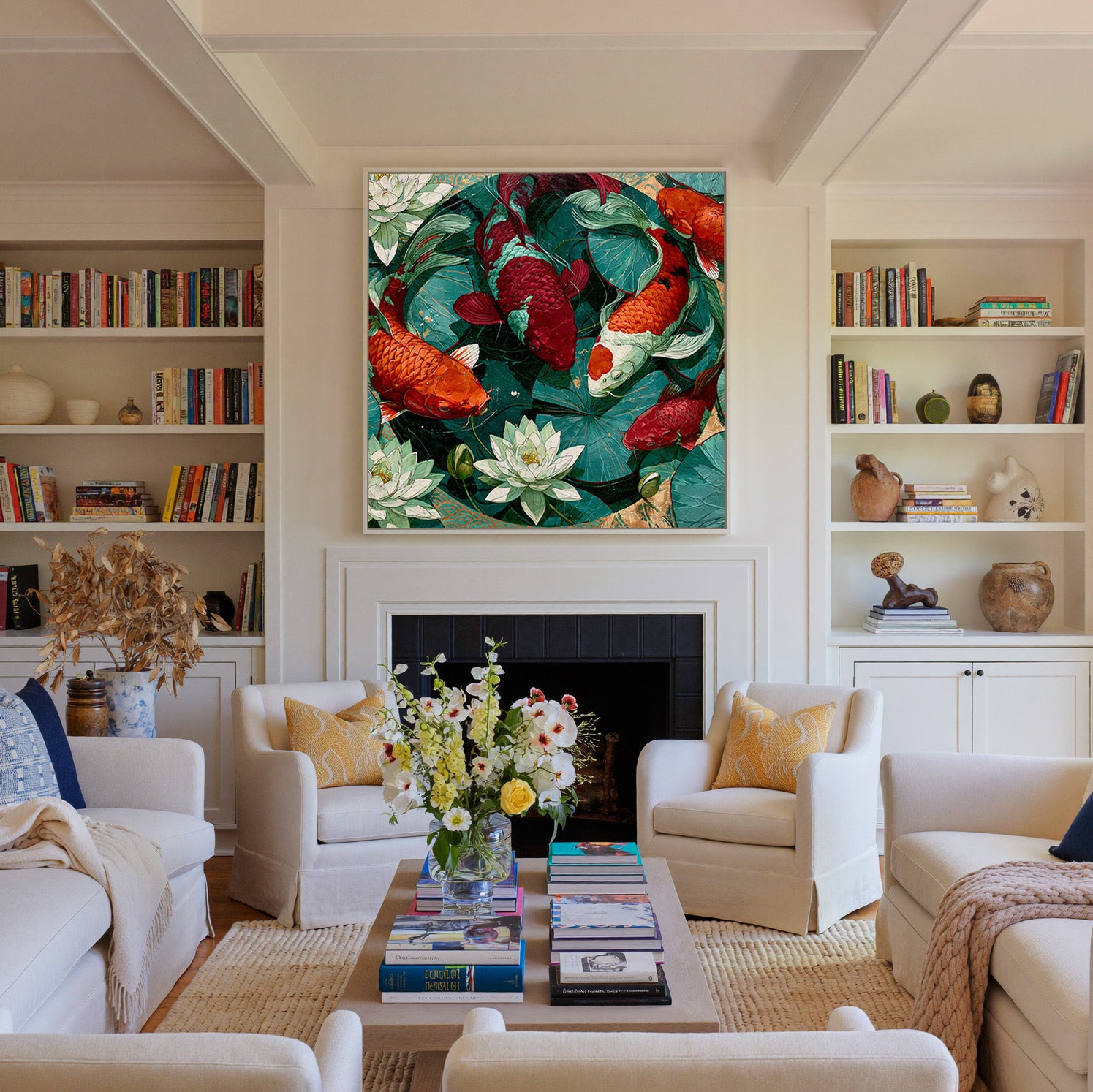 teal pond with koi and lotus flowers canvas wall art in a white frame above a fireplace
