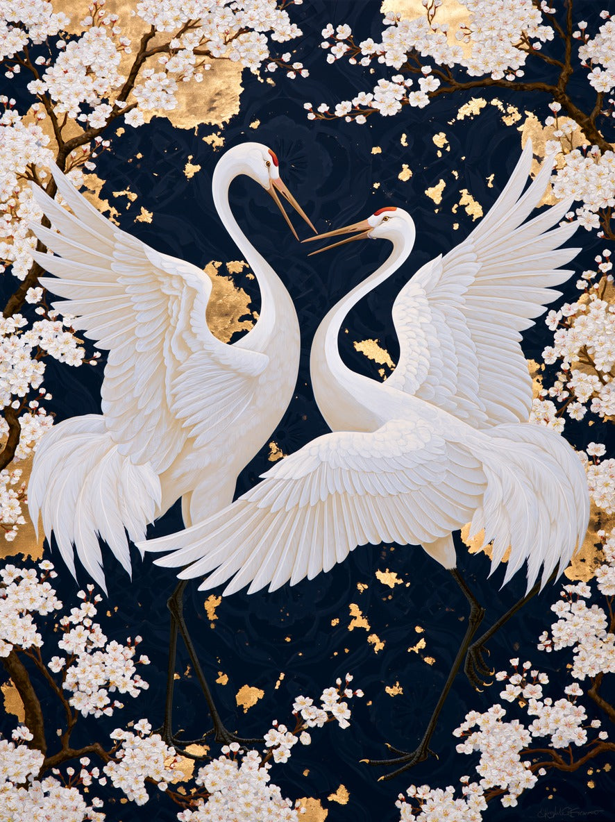 Moonlit Branches — Crane Pair Canvas Wall Art