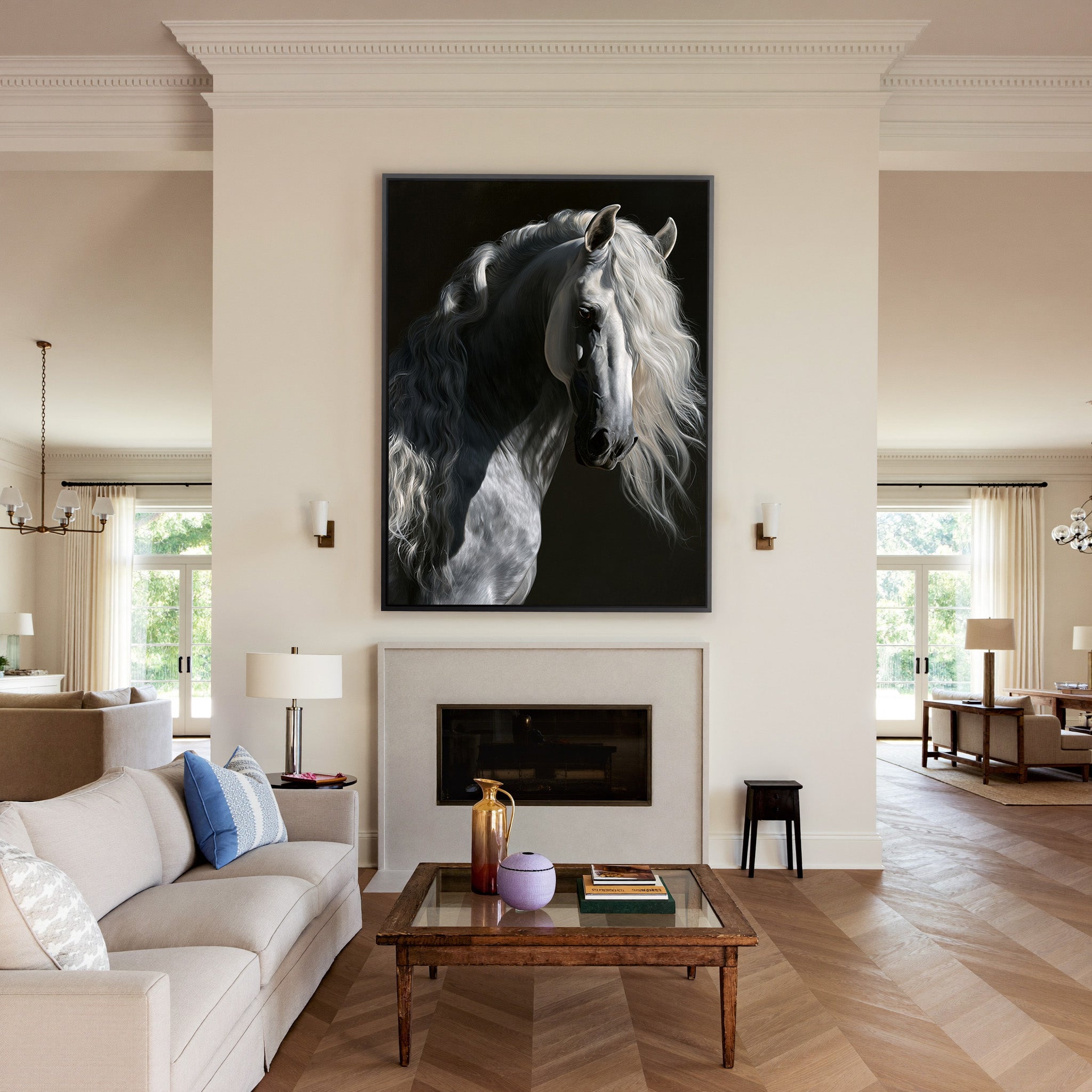 grey andalusian horse with flowing white mane canvas wall art in a black frame above a mantel