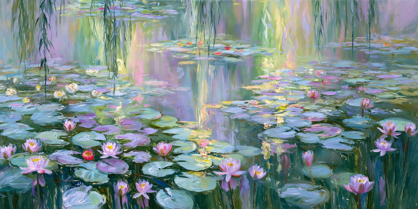 Pink and white water lilies on broad green pads with lavender reflections across still pond water