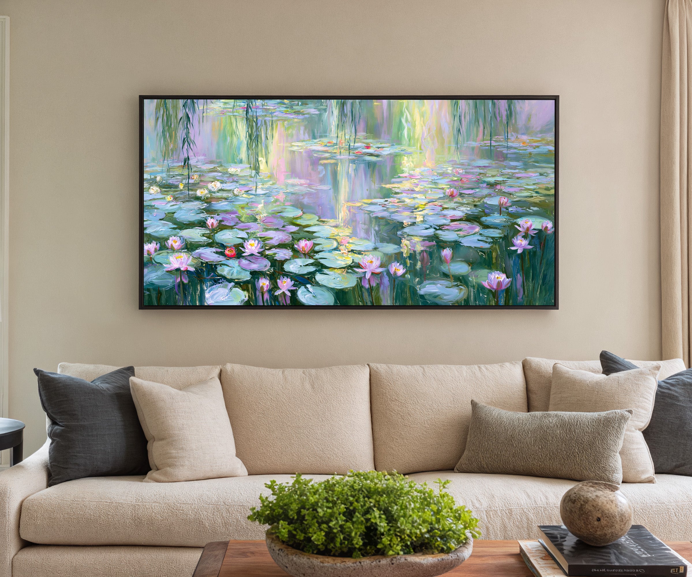 pastel water lily pond with reflected light canvas wall art in a black frame in a styled room setting