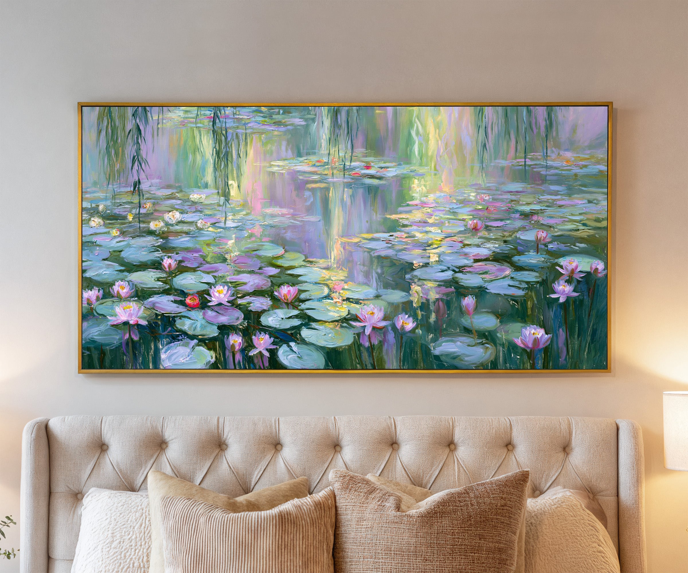 pastel water lily pond with reflected light canvas wall art in a gold frame above a bed