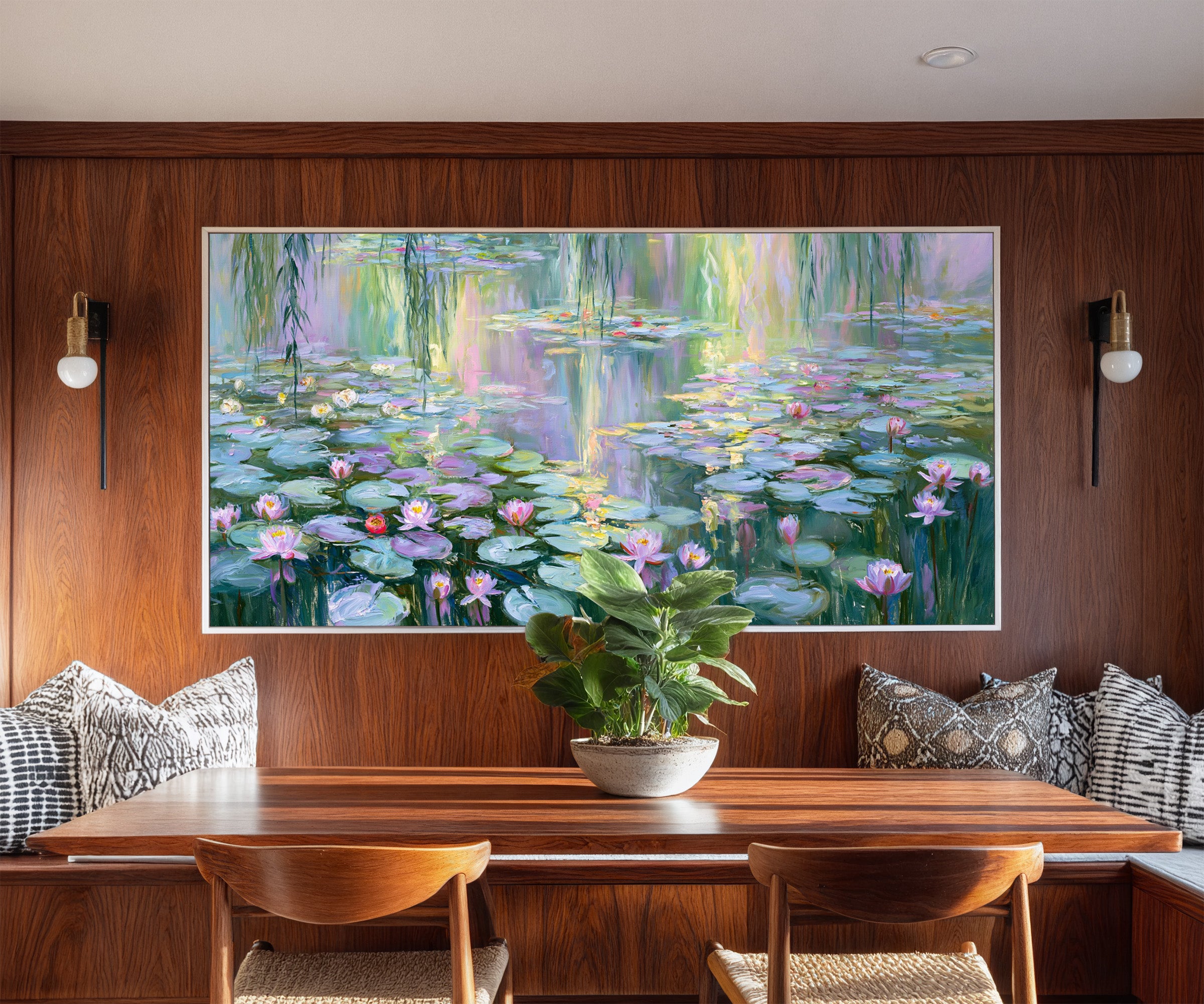 pastel water lily pond with reflected light canvas wall art in a white frame in a styled room setting