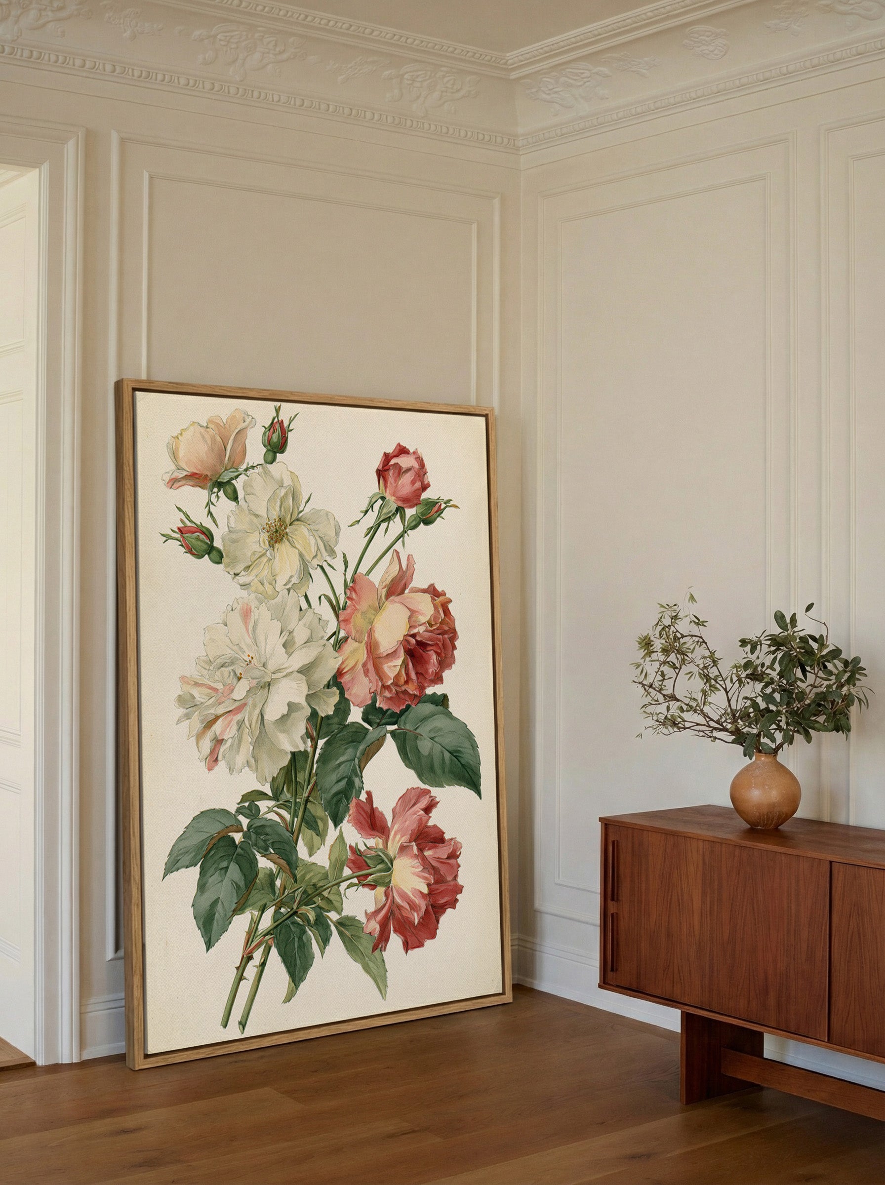 antique rose botanical with cream, blush, and canvas wall art in an oak frame in a styled room setting