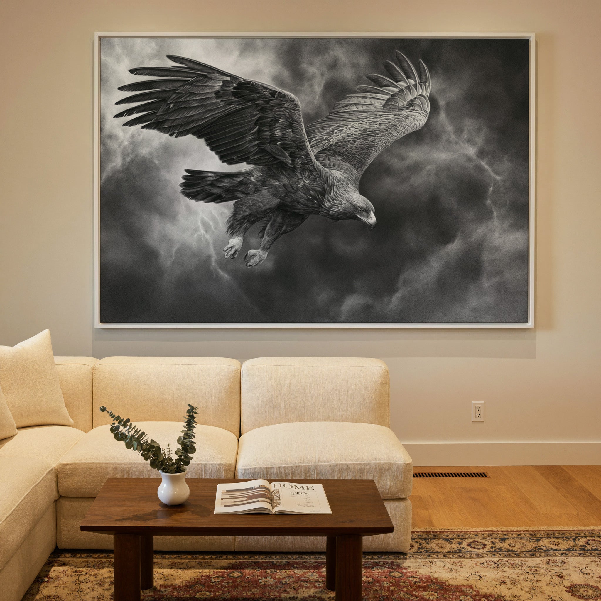 golden eagle in a steep dive through storm canvas wall art in a white frame in a styled room setting