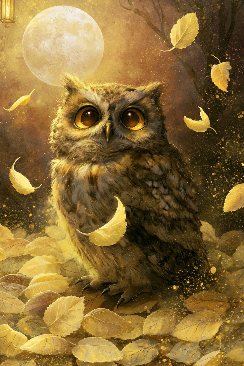 Amber-eyed owl beneath a pale moon, with drifting gold leaves on a dark ground