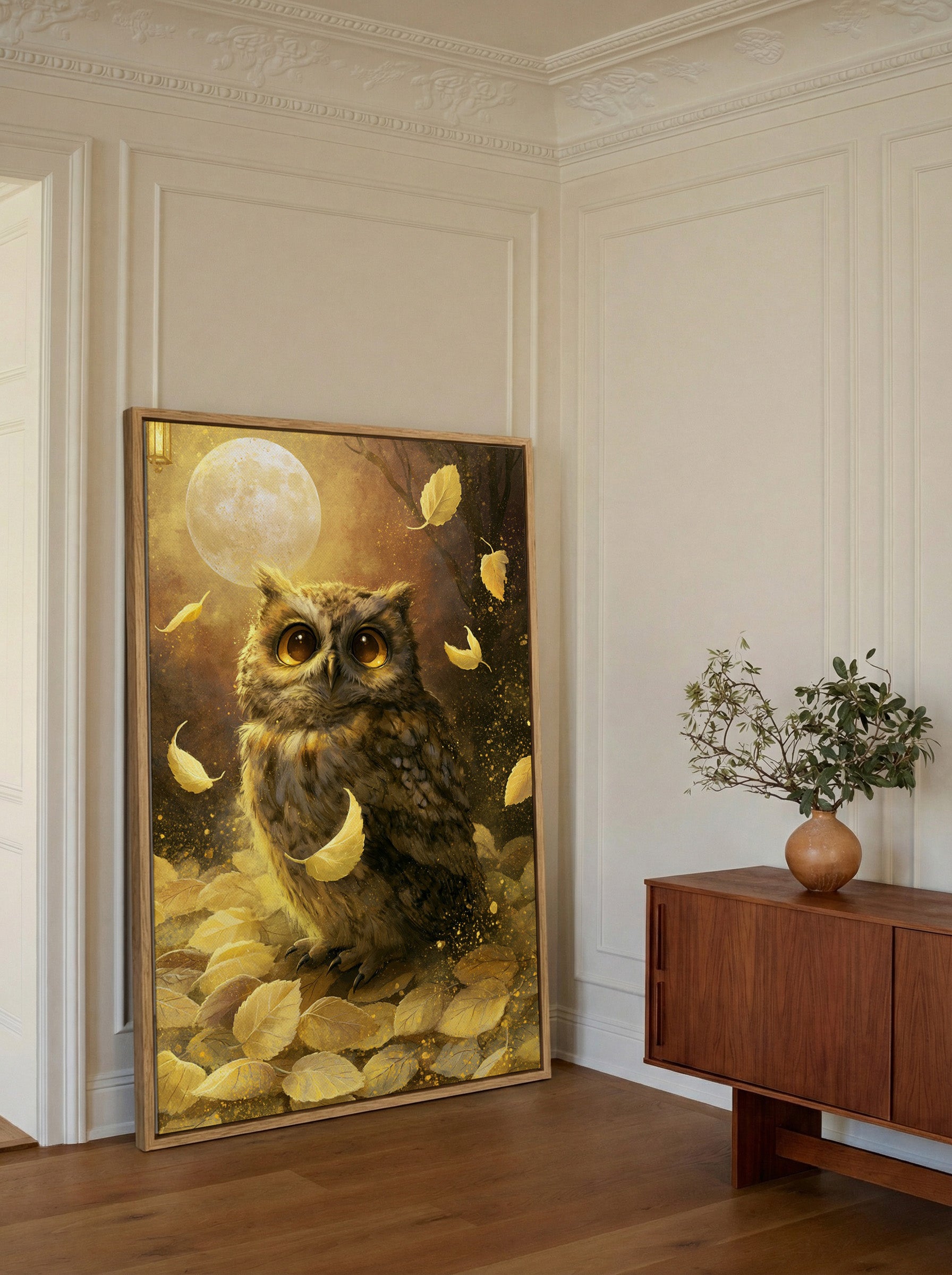 amber eyed owl with drifting gold leaves canvas wall art in an oak frame in a styled room setting