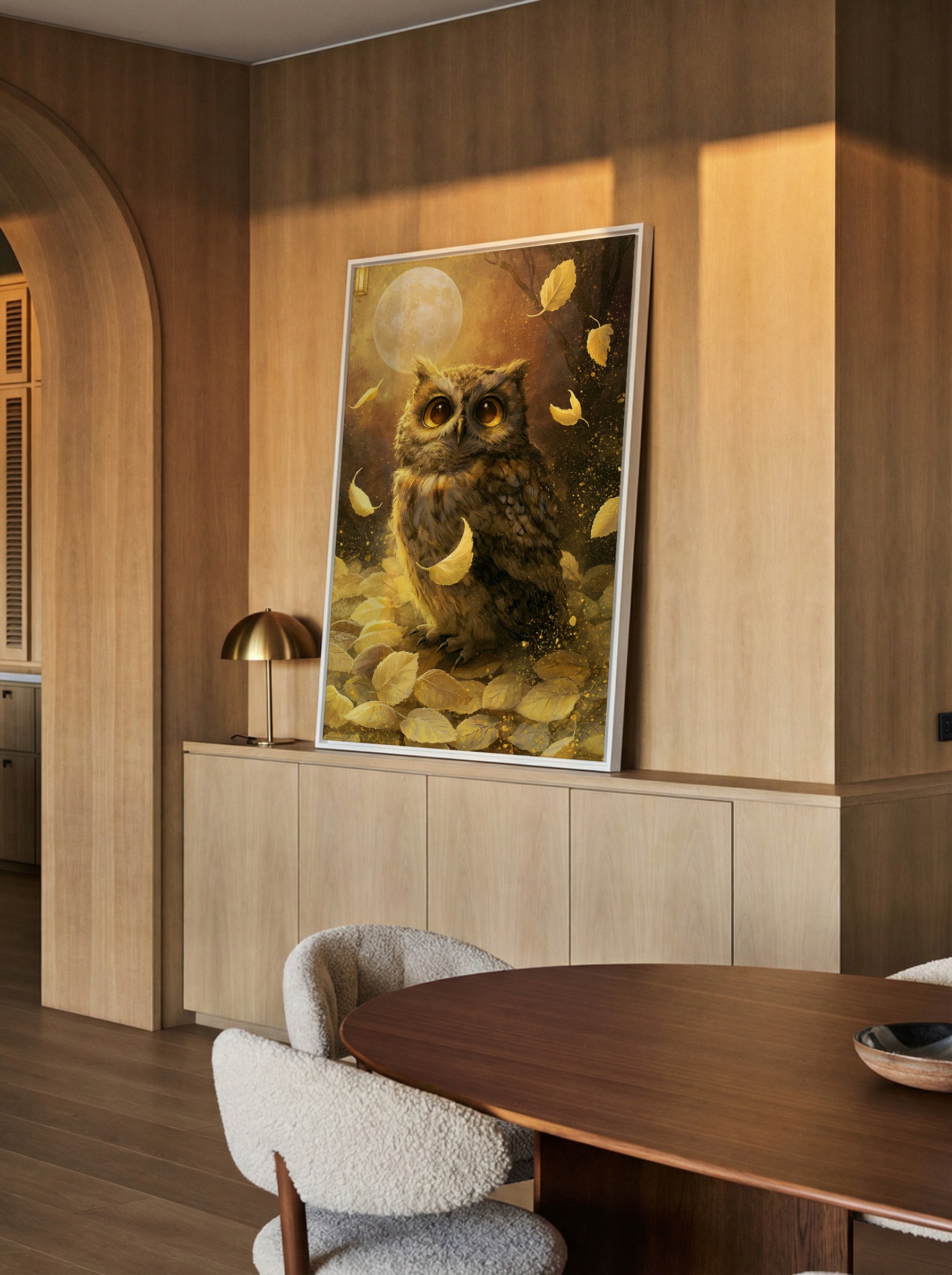 amber eyed owl with drifting gold leaves canvas wall art in a white frame in a styled room setting