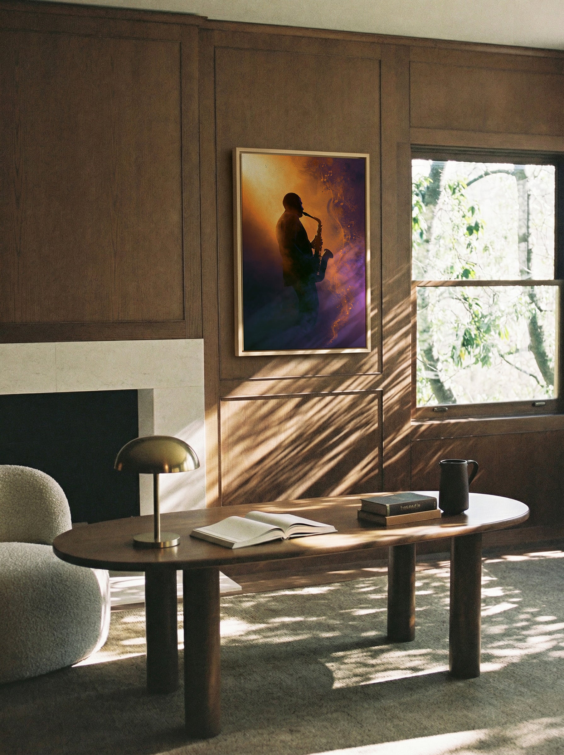 silhouetted saxophone player in orange and canvas wall art in a natural wood frame in a styled room setting