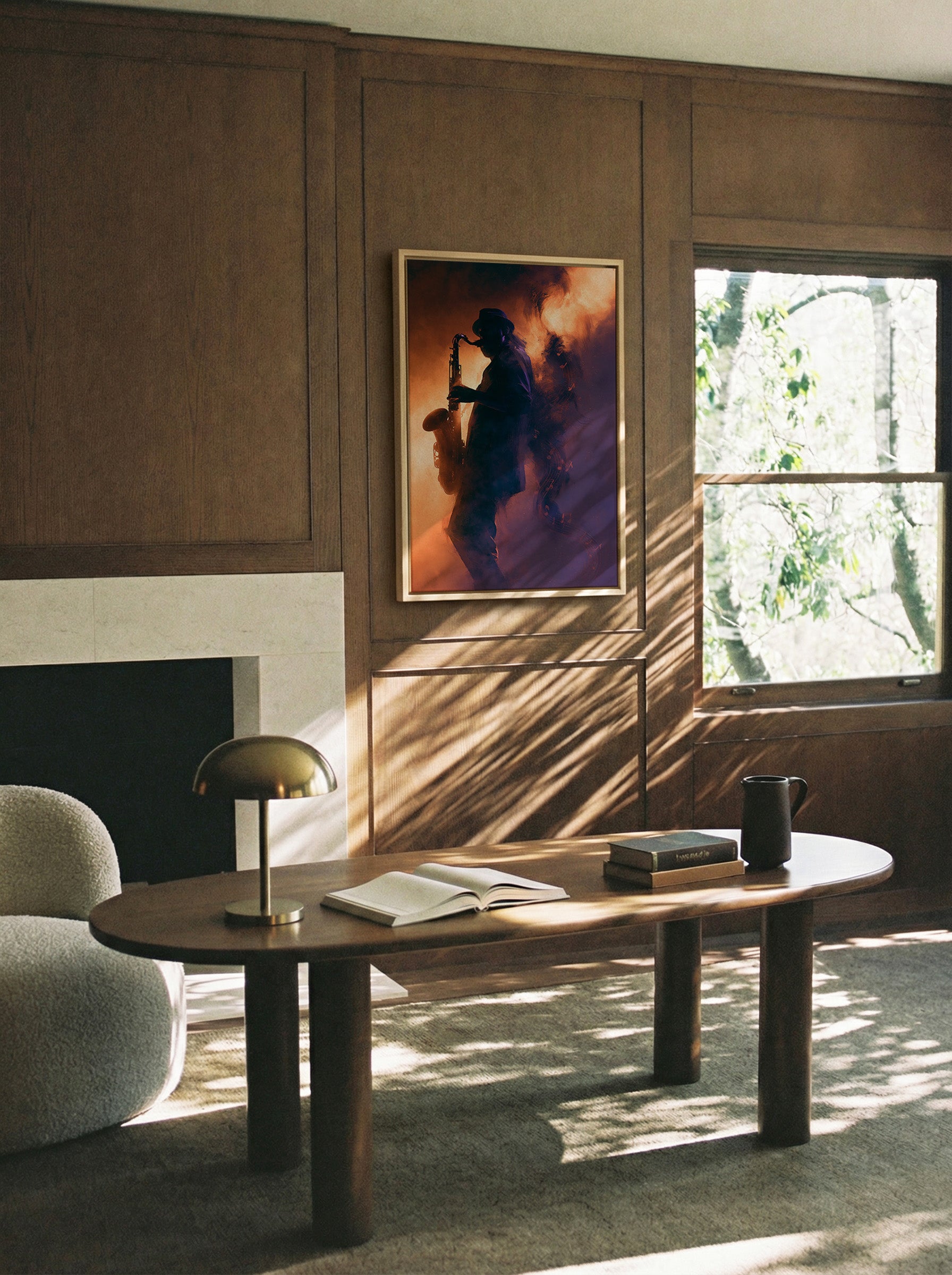 silhouetted saxophone player in orange and canvas wall art in a natural wood frame in a styled room setting