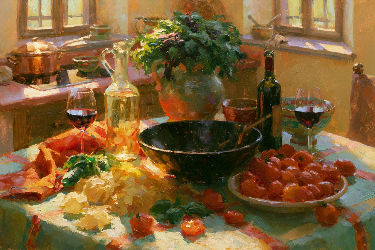 Sunlit Supper — Italian Kitchen Table Canvas Wall Art