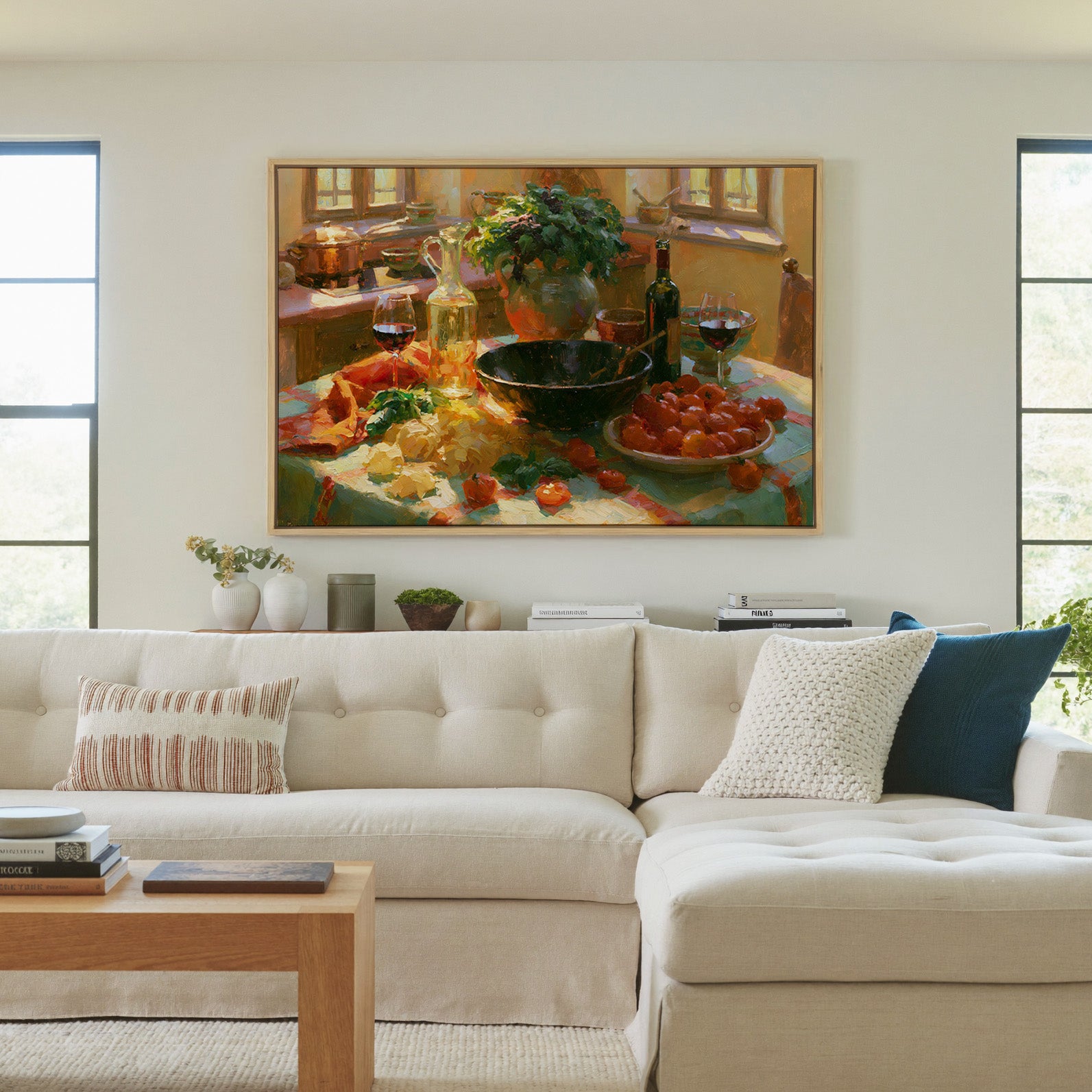 sunlit italian kitchen table with pasta, basil, canvas wall art in a natural wood frame in a living room