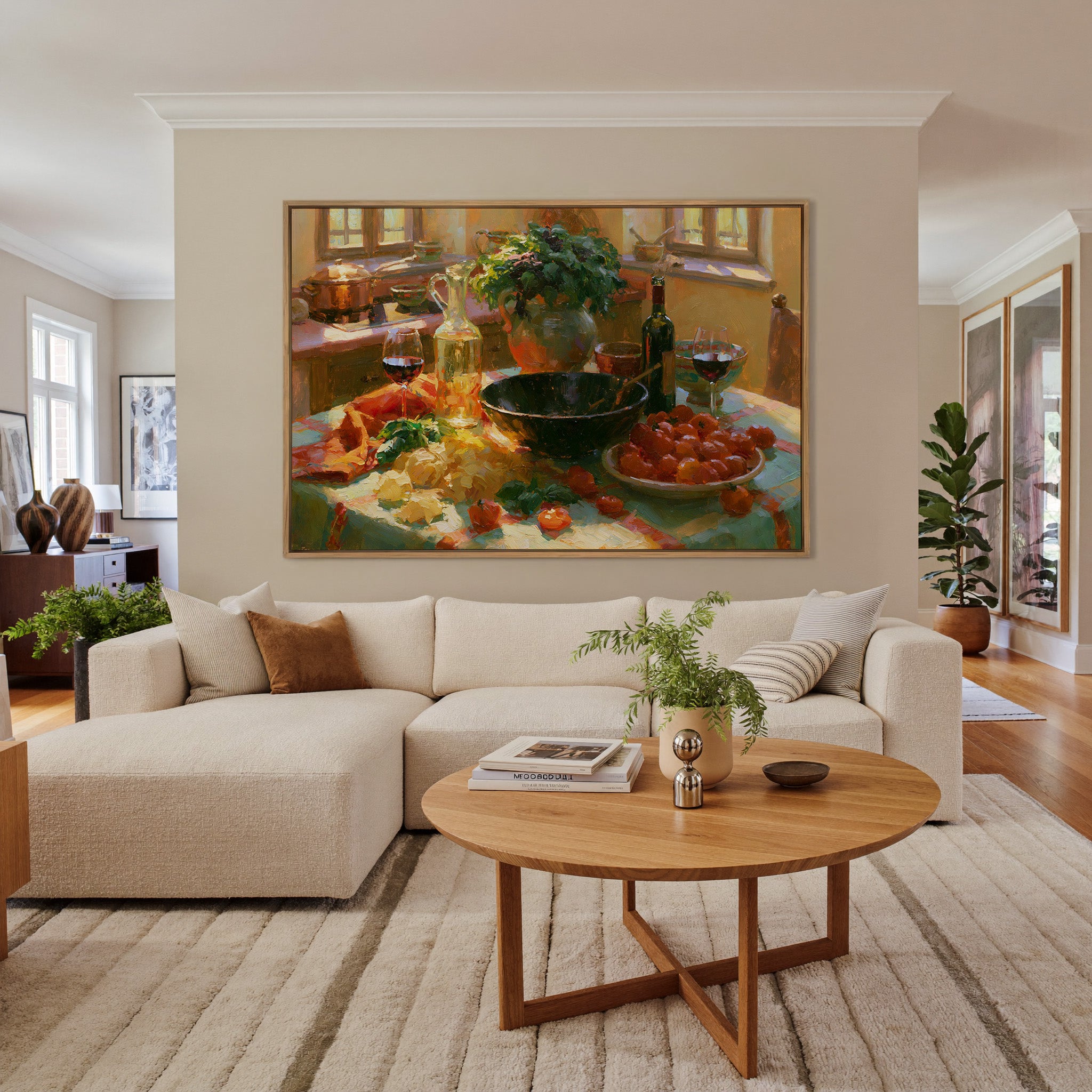 sunlit italian kitchen table with pasta, basil, canvas wall art in an oak frame in a living room