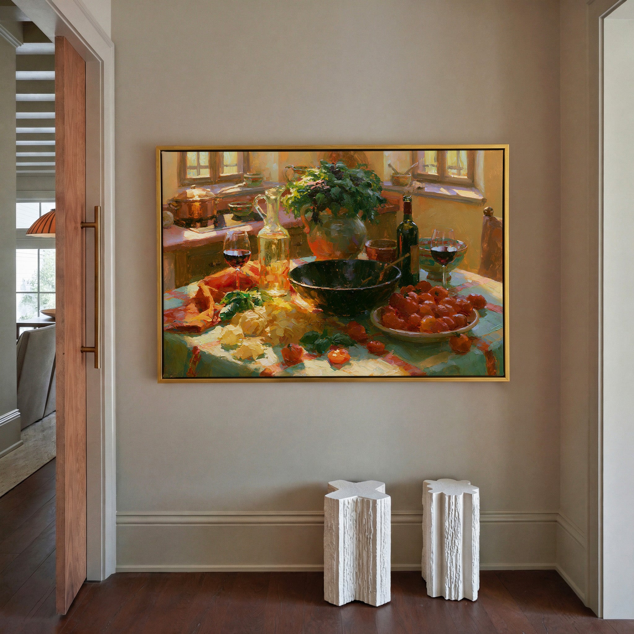 sunlit italian kitchen table with pasta, basil, canvas wall art in a gold frame in a styled room setting