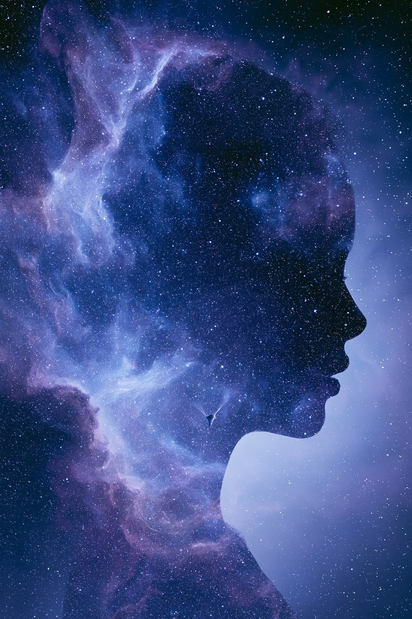 Woman's profile filled with blue and violet stars, with drifting nebula light across the silhouette