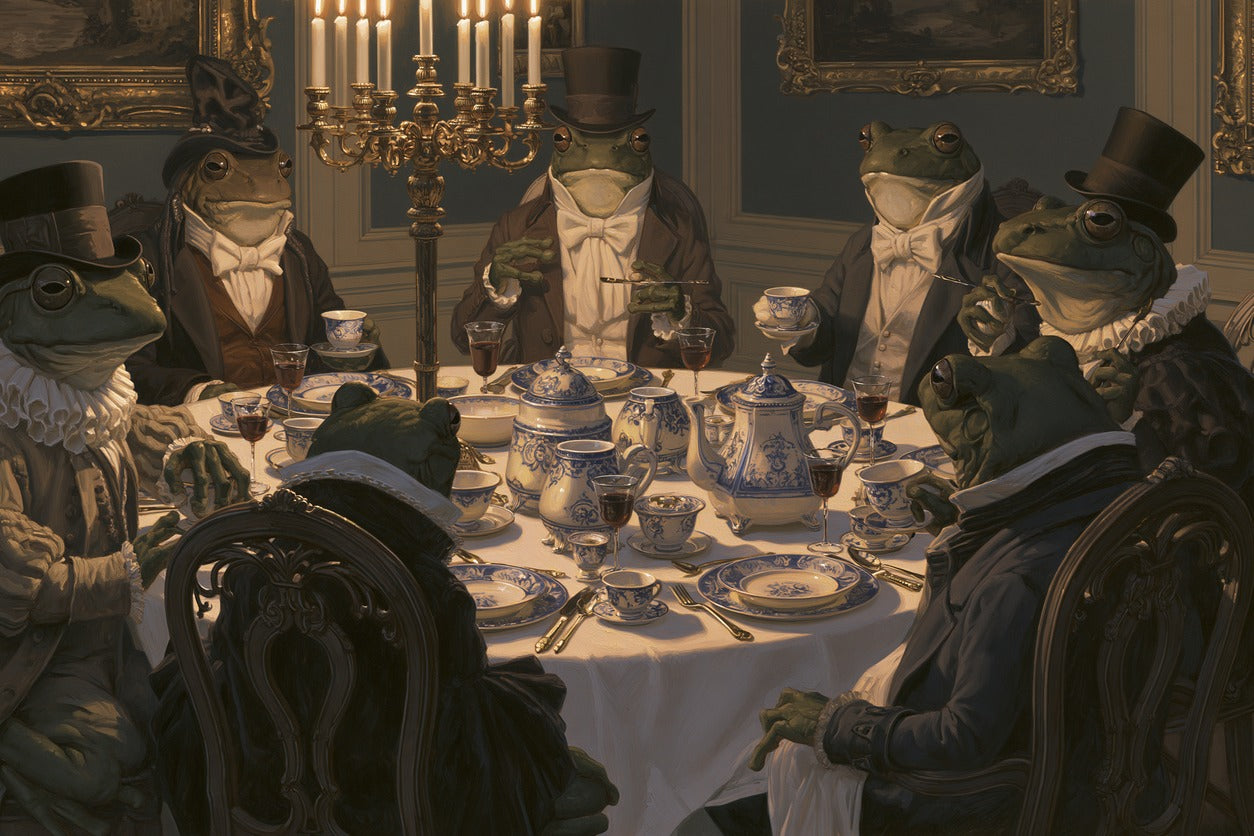 Formal frogs in top hats around a candlelit table with blue and white china