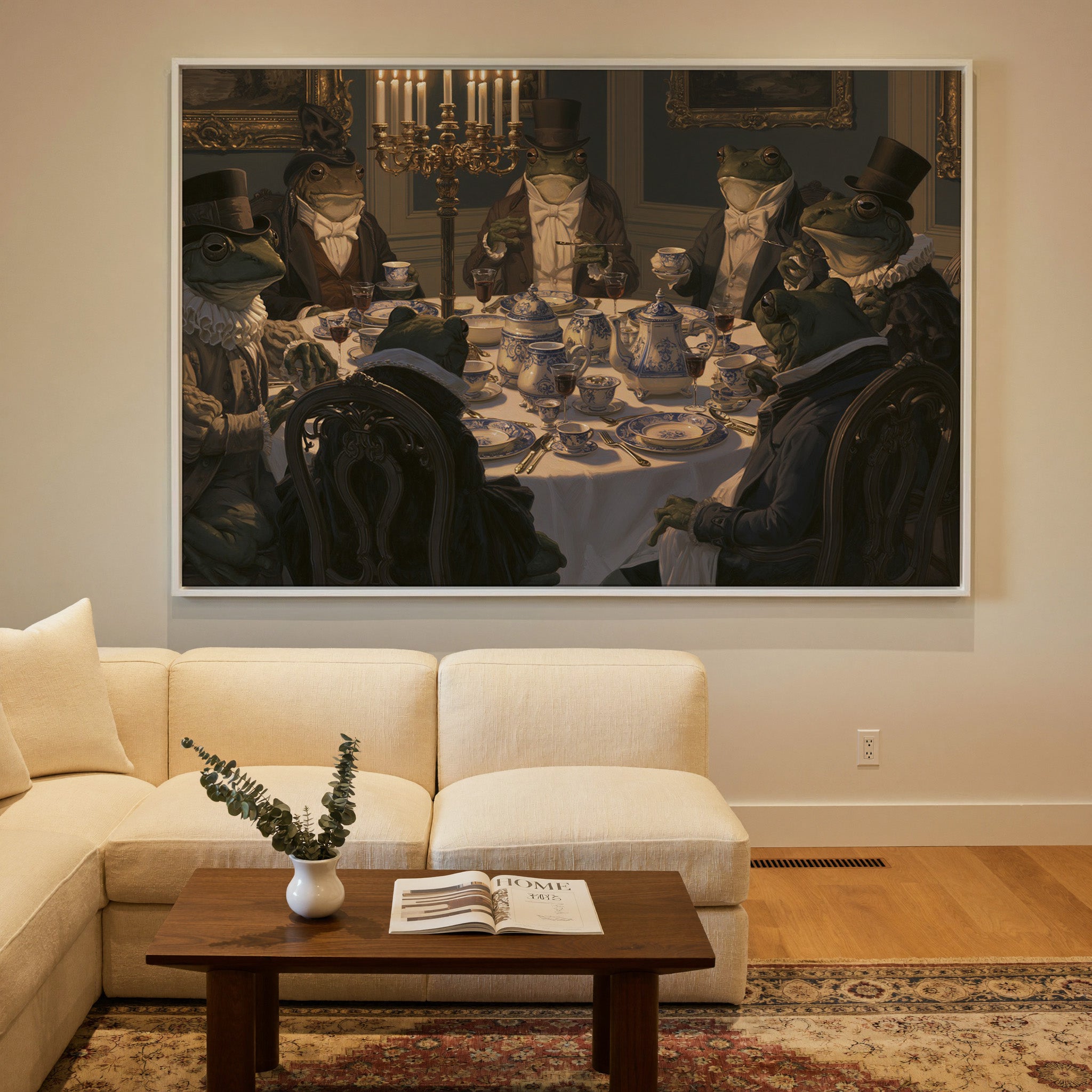 formal frogs around a candlelit table canvas wall art in a white frame in a styled room setting