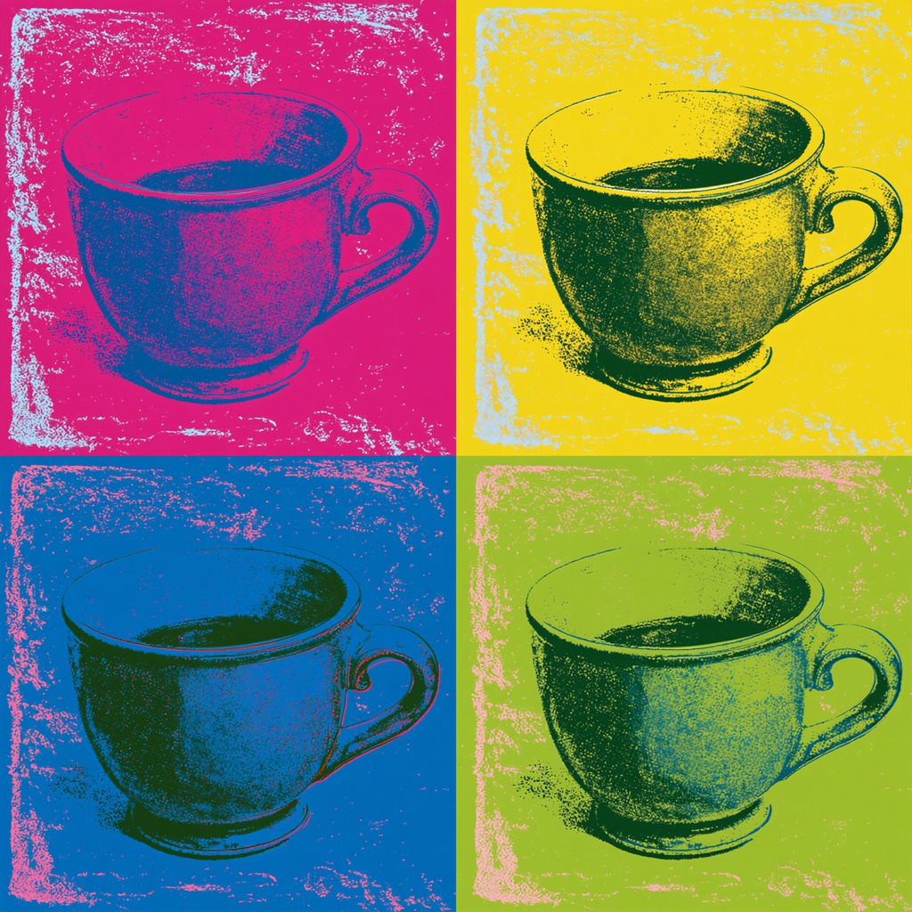 Four pop art teacups in magenta, yellow, blue, and green arranged in a square grid