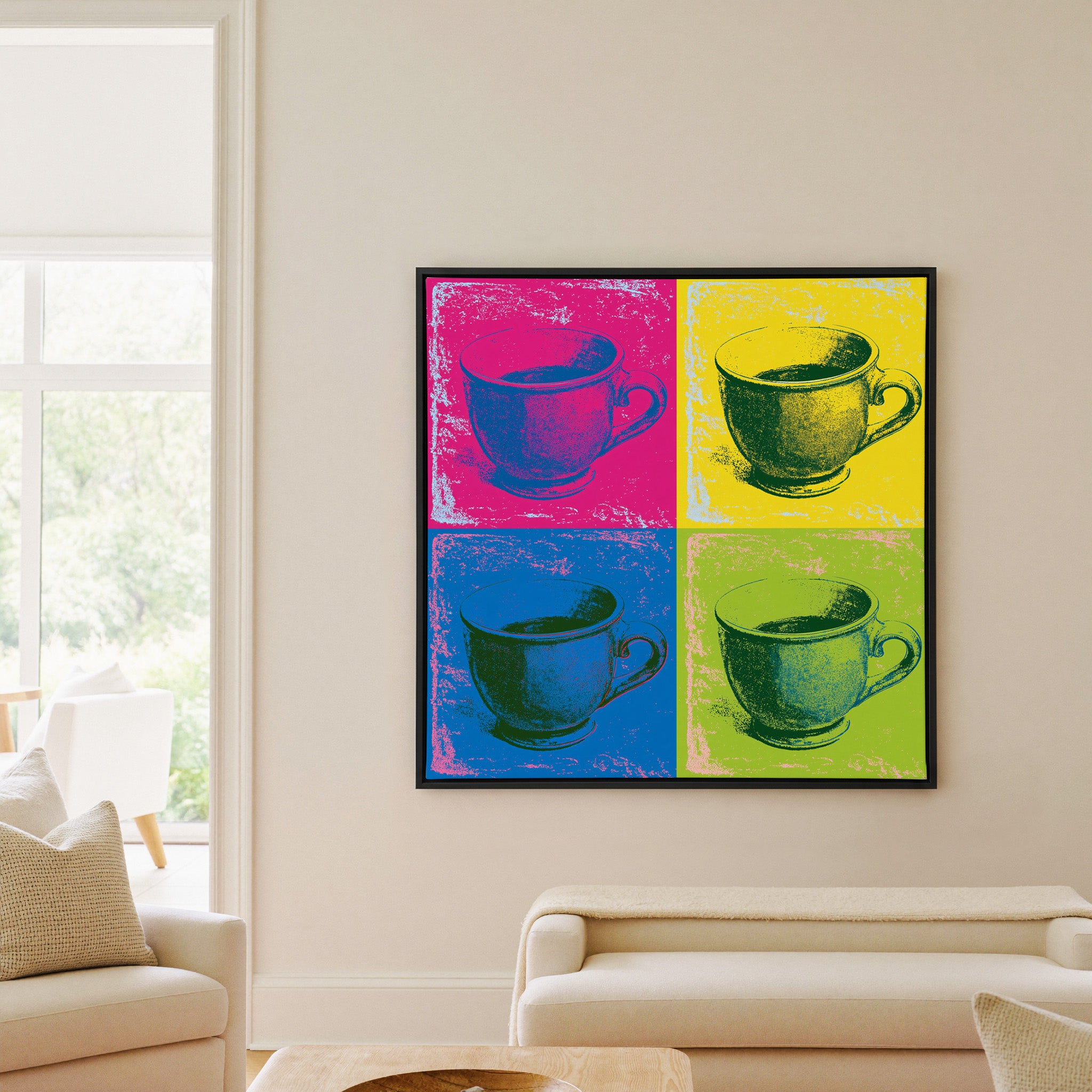 pop art teacup grid in magenta, yellow, blue, canvas wall art in a black frame in a living room