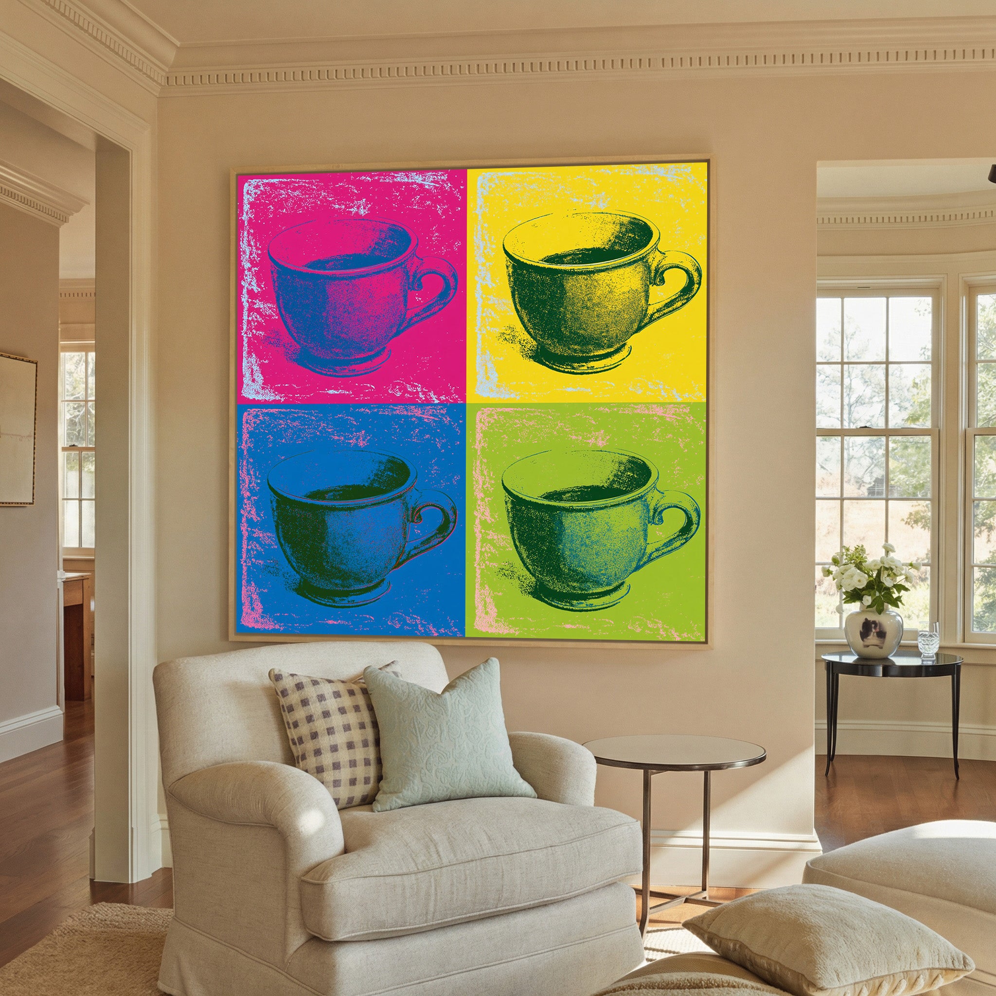 pop art teacup grid in magenta, yellow, blue, canvas wall art in a natural wood frame in a styled room setting