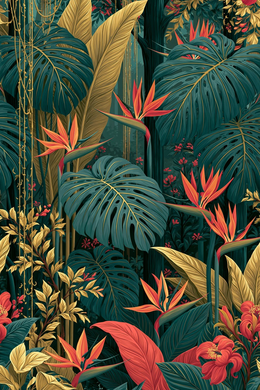 Giant monstera leaves and bird of paradise blooms layered in teal, gold, coral, and red