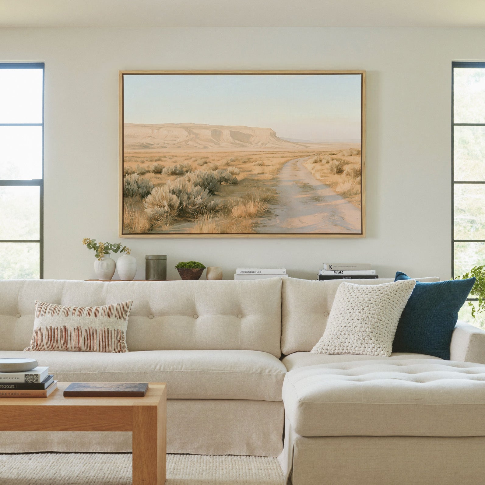 pale desert valley with a winding track and low canvas wall art in a natural wood frame in a living room