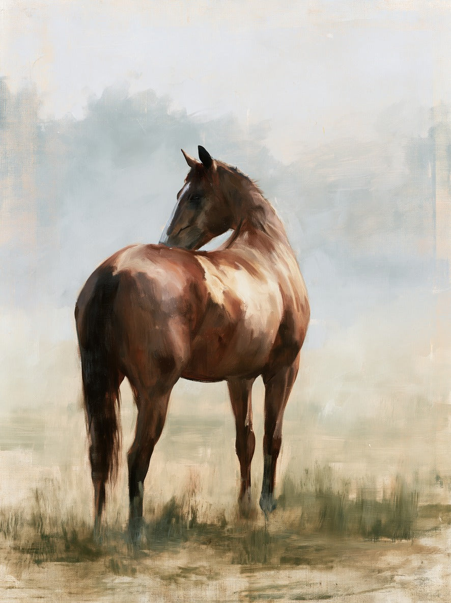 Single chestnut horse standing in a pale field with a soft sky and low grass