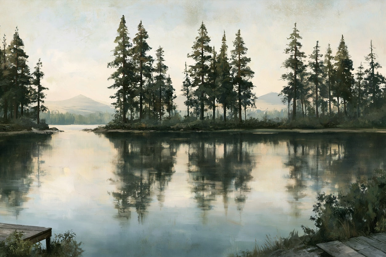 Tall pines reflected in a still lake, with pale hills and a hazy sky beyond