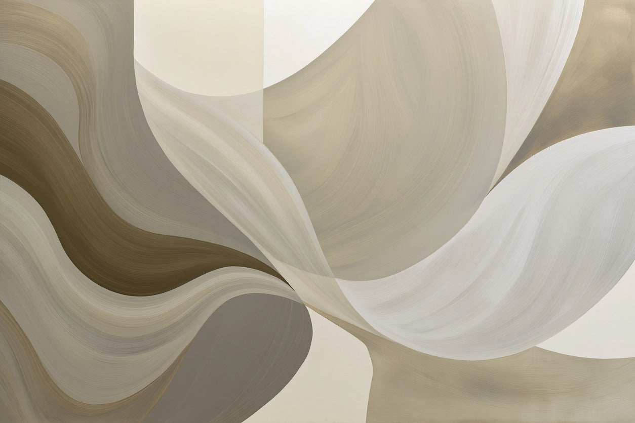 Sweeping cream, taupe, and beige arcs crossing a pale ground in a large neutral abstract