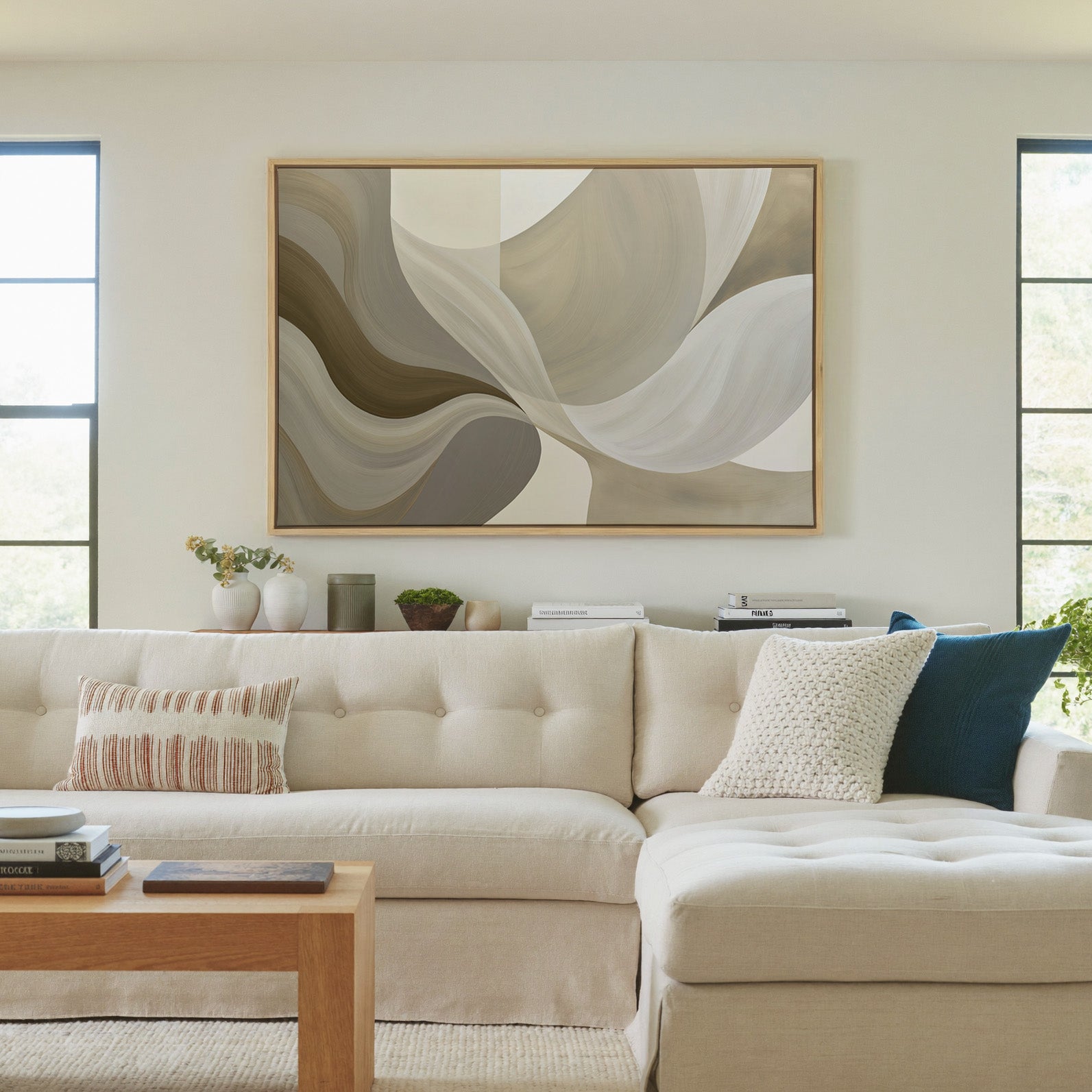 neutral abstract with large sweeping cream, canvas wall art in a natural wood frame in a living room